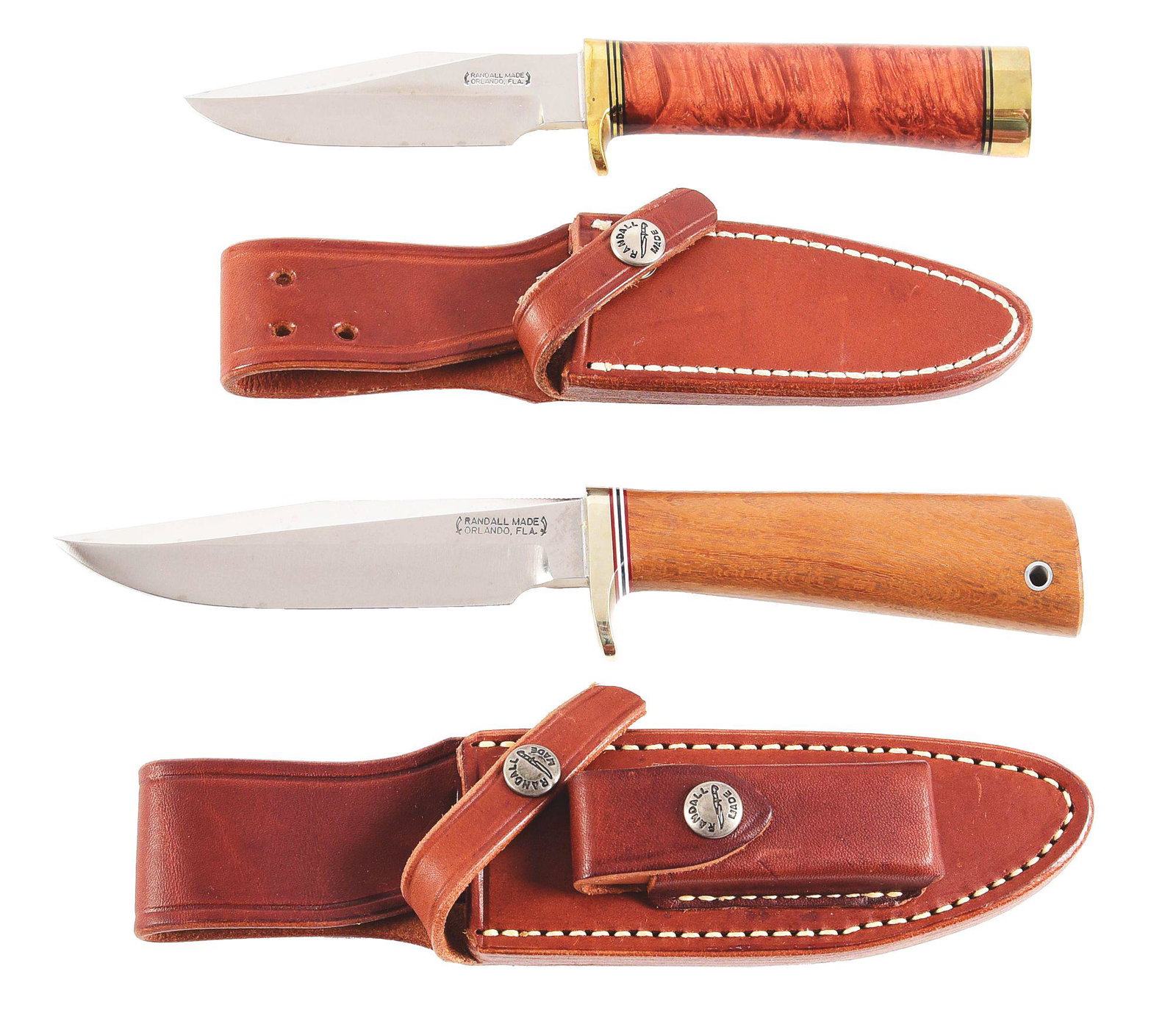 LOT OF 2: RANDALL KNIVES.: (A) Custom Randall Model 8 Trout & Bird with 4" blade with brass guard with black and brass spacers and brass butt. Bloodwood handle and housed in Randall scabbard. CONDITION: As new. (B) Randall Mode