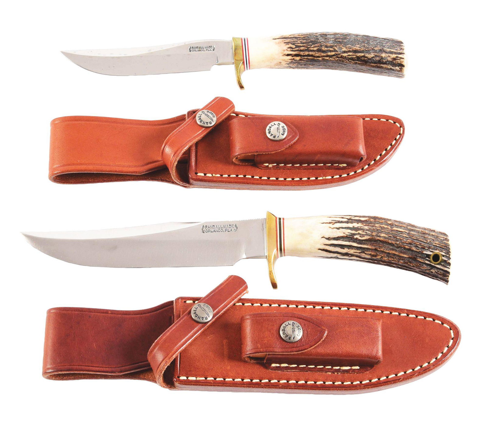 LOT OF 2: RANDALL KNIVES.: (A) Randall model 3 Hunter with 5" carbon blade, brass guard and sambar stag handle. In Randall scabbard with stone. CONDITION: Very good as lightly polished. Scabbard is excellent. (B) Randall Model 