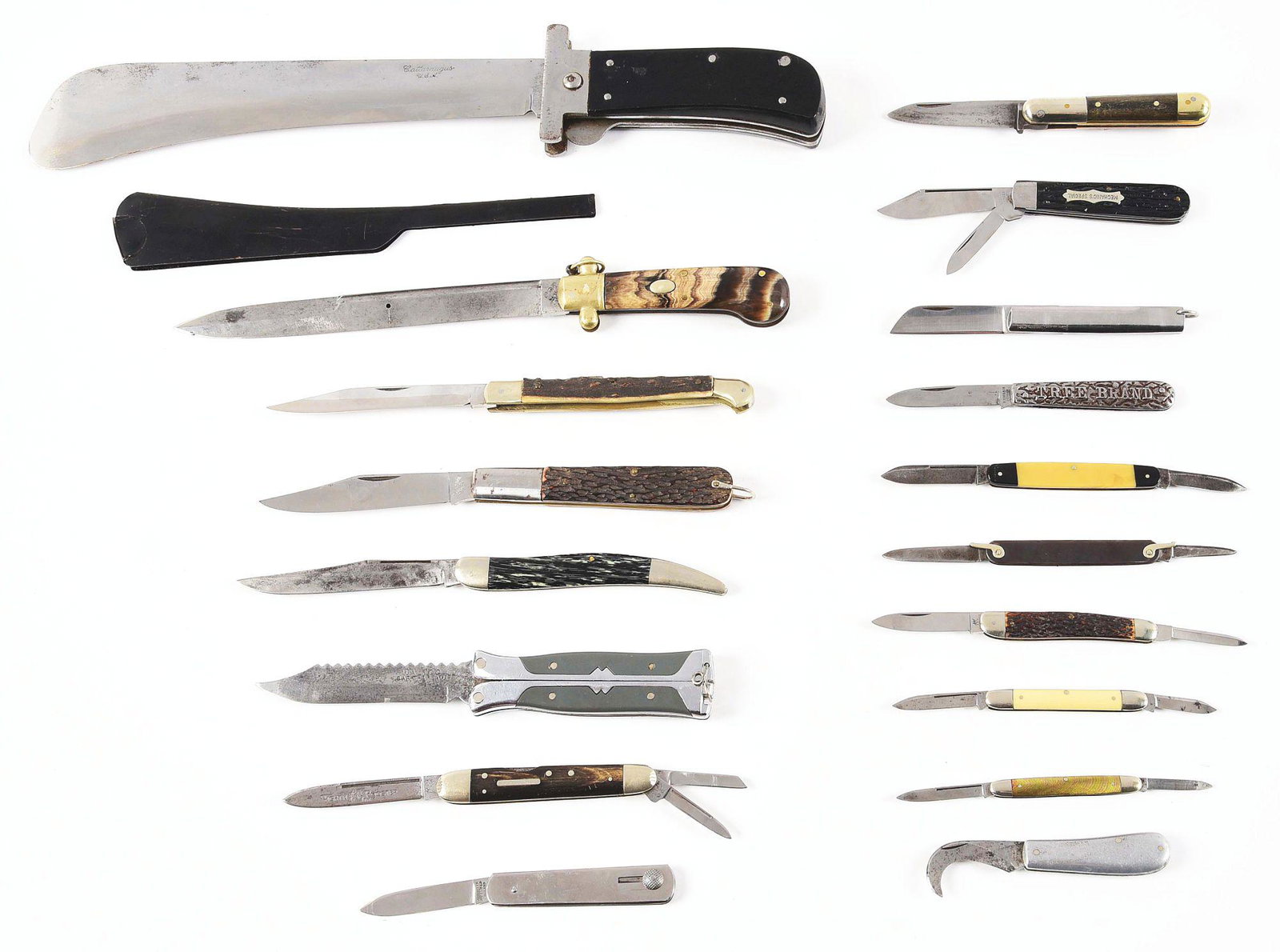 LOT OF 18: AMERICAN AND FOREIGN 1-2-3 BLADE PATTERNS.: (A) CATTARAUGUS USA. 5-1/2" blade when folded, 10" open folding machete with overall length of 15-1/2". Handled in black composition, excellent condition. (B) Foreign unusual folding dirk. 3-1/2" blad