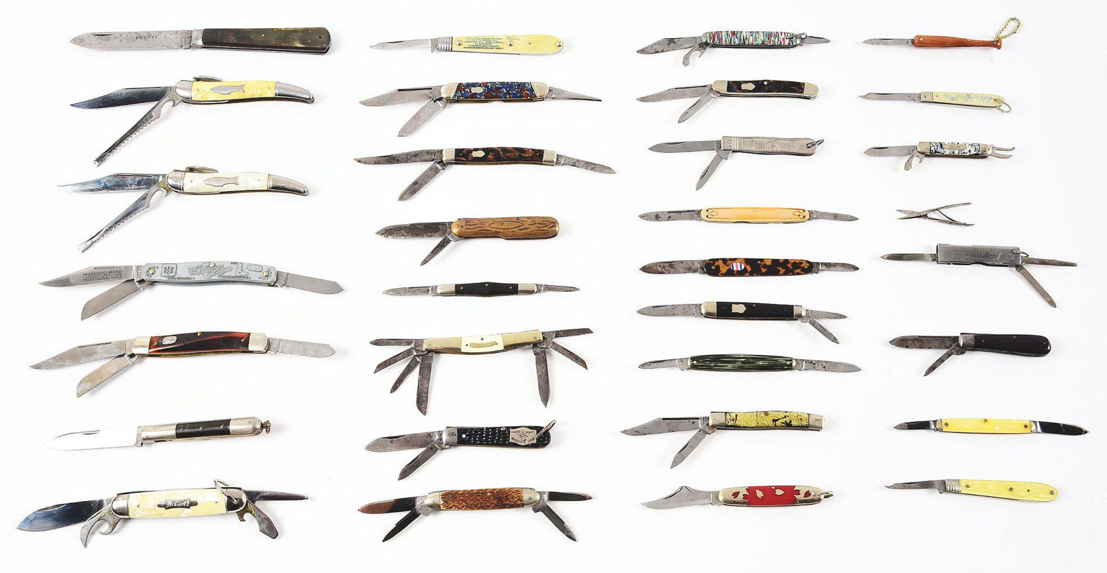 LOT OF 31: AMERICAN AND FOREIGN FOLDING KNIVES: Lot includes 31 folding knives by makers such as; IMPERIAL PROV. RI, IMPERIAL PROV. USA, B & B ST. PAUL, ANVILE PROV. USA, COLONIAL PROVIDENCE RI, HENRY SEARS & SON, L.F. SC USA, USA, C.F. WOLFERTZ AL