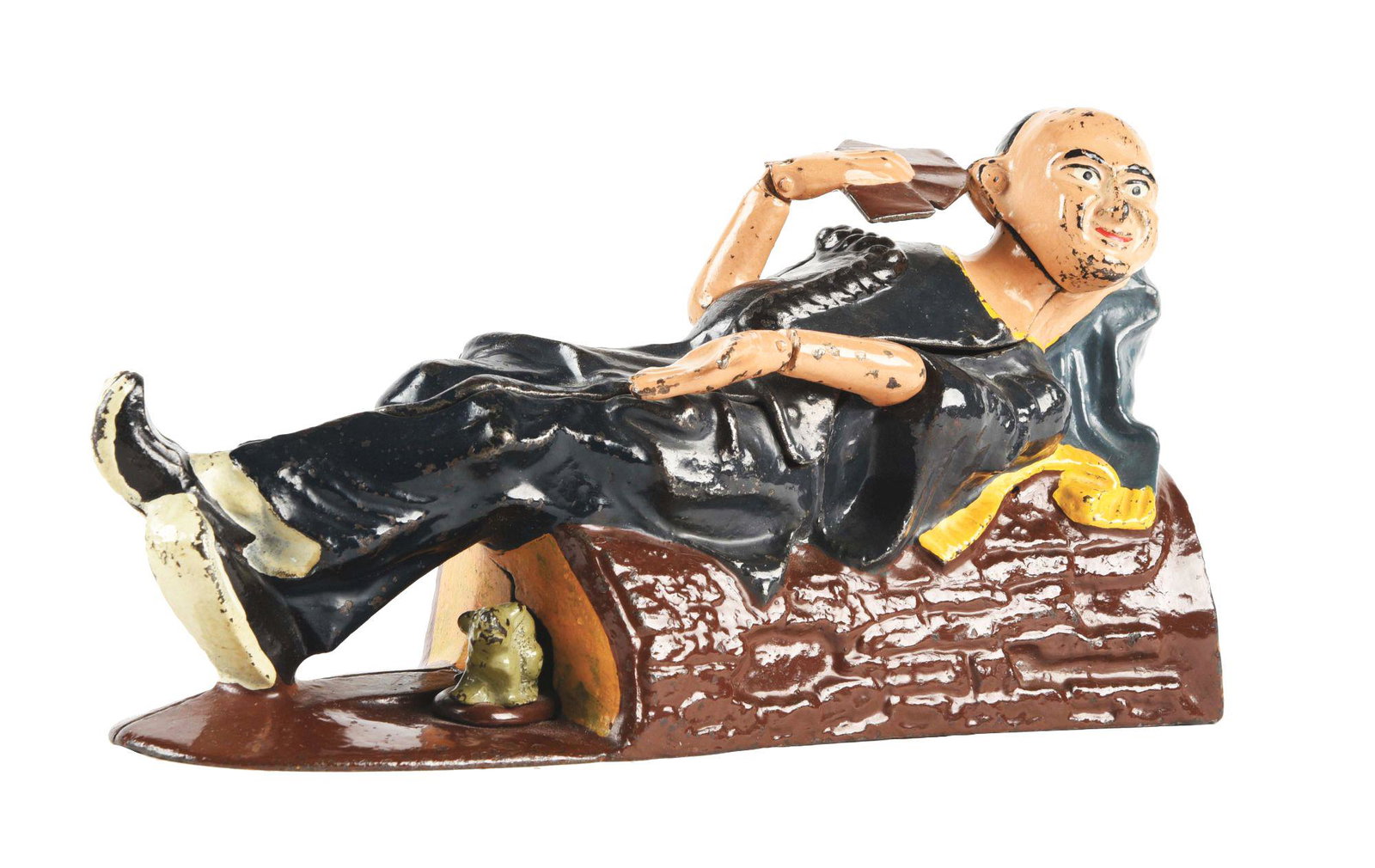 RECLINING CHINAMAN BANK.: J. & E. Stevens, c. 1882. Professionally restored. Condition: (Restored). Item Dimensions: 4 - 3/8" x 8 - 3/4" x 3".
