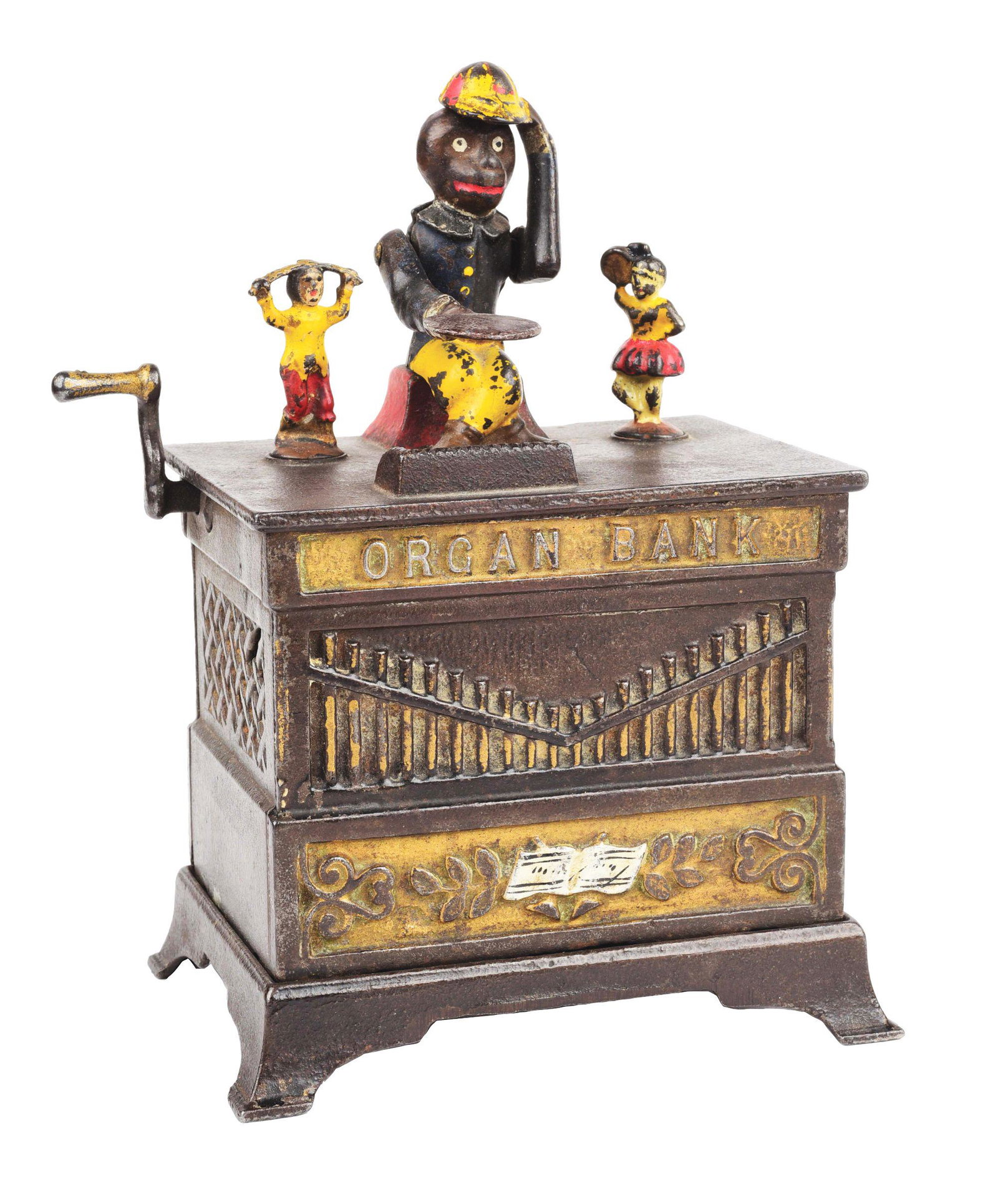 ORGAN BANK WITH BOY AND GIRL.: Kyser & Rex, c. 1882. Dancing girl replaced. Condition: (Excellent). Item Dimensions: 7 - 1/4" x 6" x 4".