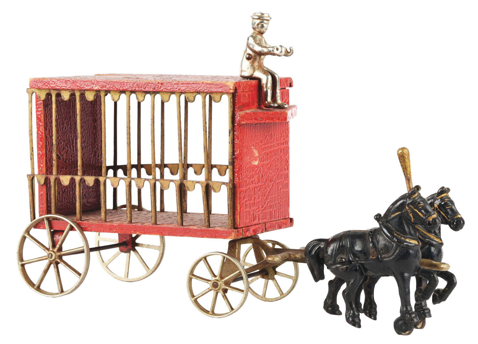 ARCADE CAST-IRON AND WOOD HORSE-DRAWN CIRCUS CART.: Circus cart pulled by two black horses, one missing top plume. Driver looks to be original. No animals in cage wagon. Nickel spoke wheels. Some alligatoring and wear to wood frame, some oxidation espe
