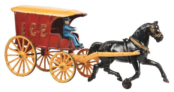 HORSE-DRAWN ICE WAGON.: Dent Hardware Co., c. 1910. Replaced driver. Shaft repair and yellows repainted. Condition: (Very Good). Item Dimensions: 16" x 4" x 6 - 1/2".