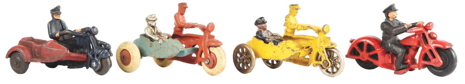 LOT OF 4: CAST-IRON AMERICAN MADE MOTORCYCLE TOYS. (1 of 2)