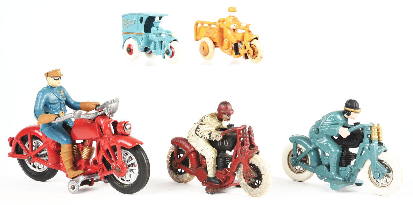 LOT OF 5: CONTEMPORARY CAST-IRON MOTORCYCLE TOYS. (1 of 2)