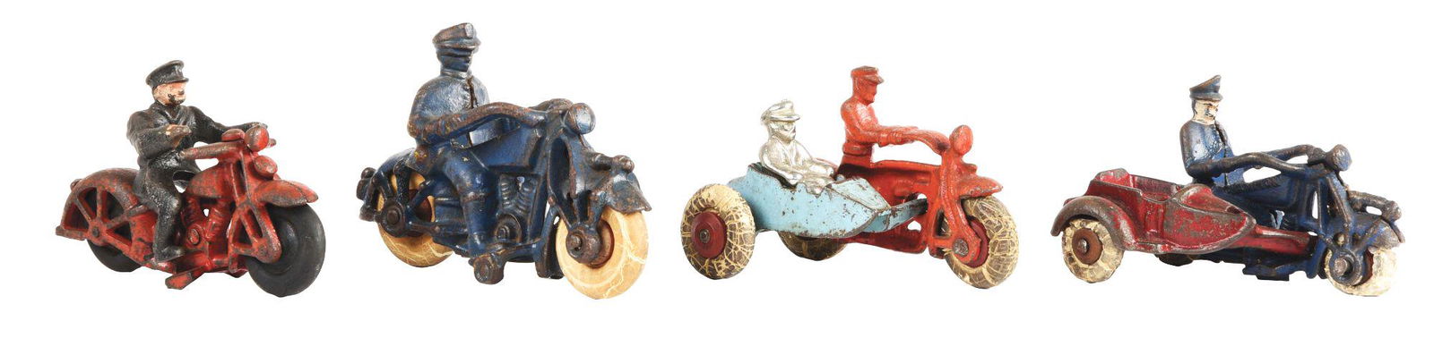 LOT OF 4: CAST-IRON AMERICAN MADE MOTORCYCLE TOYS. (1 of 2)
