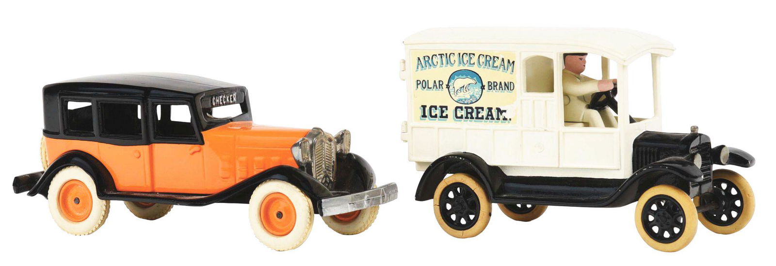 LOT OF 2: CONTEMPORARY CAST-IRON MOTORCADE TOYS: One is stamped "Don Lewis", who made a lot of these toys and is based in California. It is a checkered cab which is also stamped "45/50". The other is a Arctic Ice Cream Polar brand truck. There is so