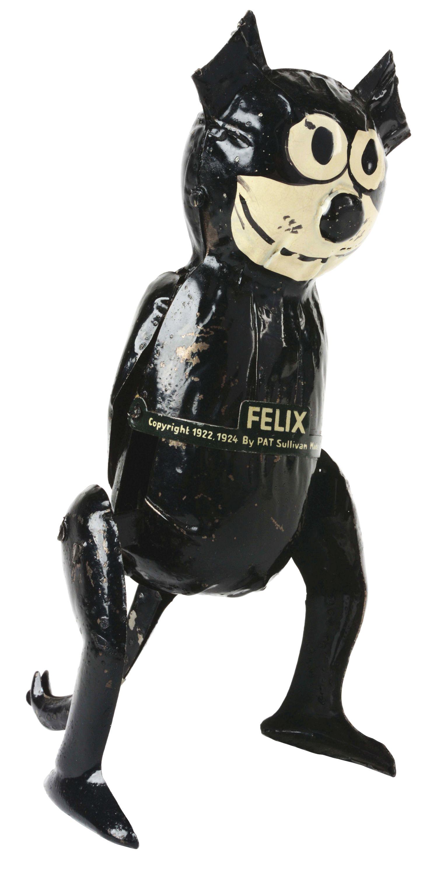 GERMAN NIFTY HAND-PAINTED WIND-UP FELIX THE MOVIE CAT: Made by Fischer and marketed by Nifty. Made in Germany, marked "Pat Sullivan, Copyright 1922, 1924". Has original tail. When in operation toy waddles back and forth. Extremely nice example with only s