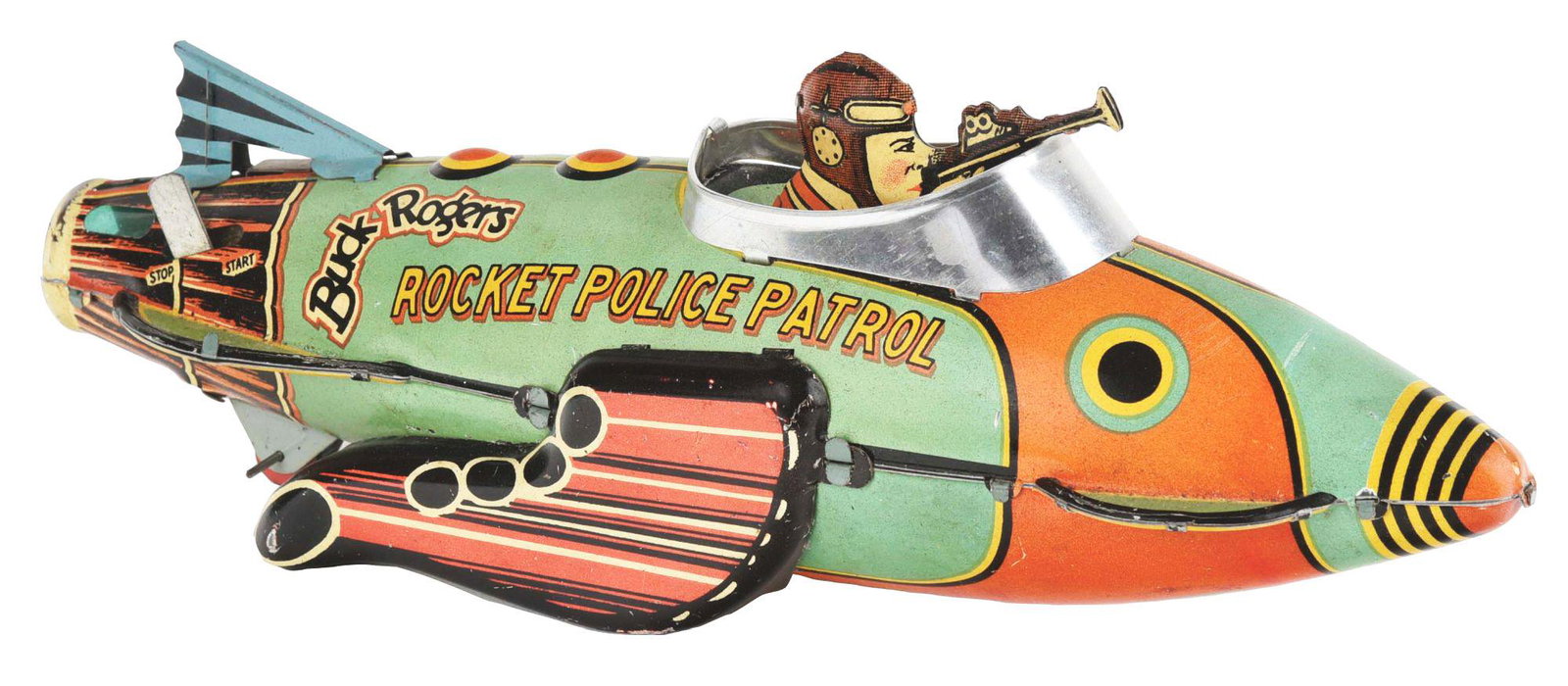 MARX TIN LITHO WIND-UP BUCK ROGERS ROCKET POLICE PATROL: Lithographed pilot of Buck in cockpit, marked "Rocket Police Patrol Buck Rogers" on both sides. Original tail fin, nice straight gun, no scuffing to bottom with nice, bright colors. Working and noise 