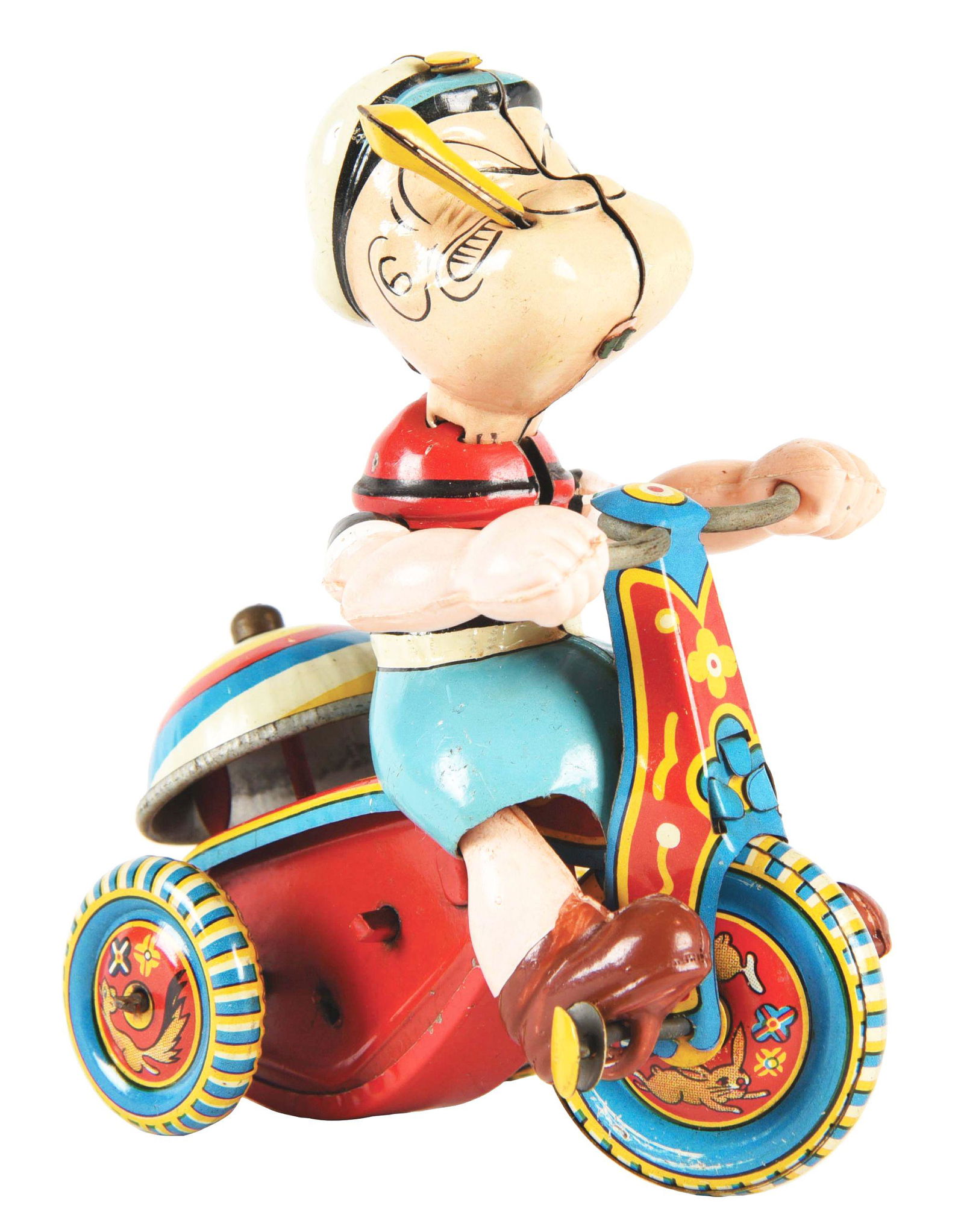 JAPANESE LINEMAR POPEYE TIN LITHO WIND-UP TRICYCLE TOY. (1 of 3)