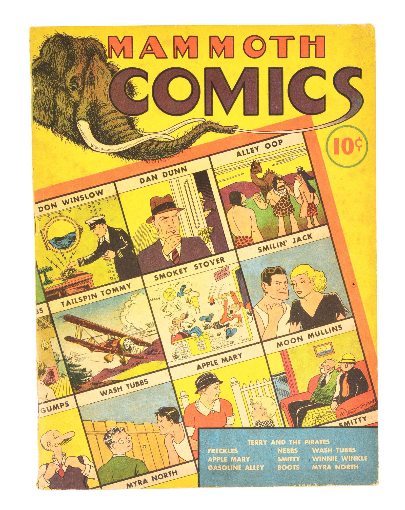 1937 10¢ COPY OF MAMMOTH COMICS.: Nice, colorful large book, complete, showing several comic characters on front and back, highlighting some comic strips, including "Alley-Oop", "Moon Mullins", "The Gumps" and many others. Some edge w