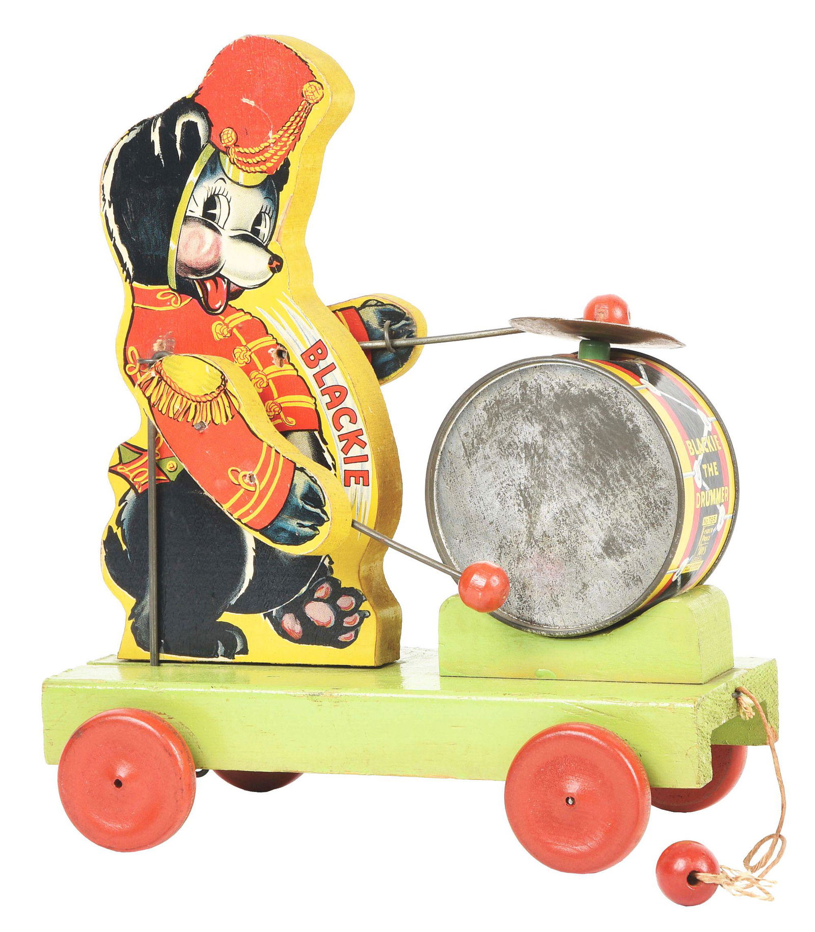EARLY FISHER PRICE NO. 785 PAPER ON WOOD BLACKIE THE: c. 1939. Marked "Blackie" on both sides of figure. Front drum marked "Blackie the Drummer". Original cymbal and drum head. Has some oxidation on the bare metal parts and some general wear to base. Con