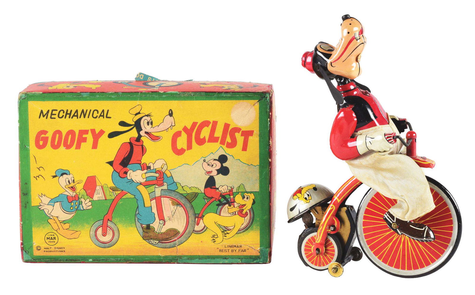 JAPANESE LINEMAR DISNEY TIN LITHO WIND-UP GOOFY CYCLIST (1 of 2)