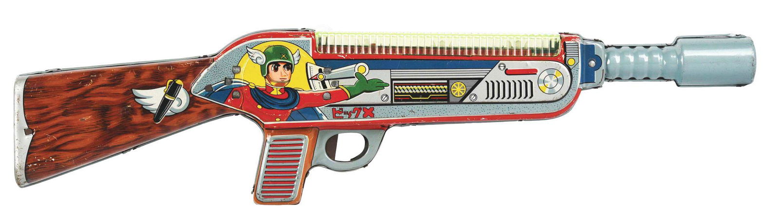 JAPANESE TIN LITHO BATTERY-OPERATED BIG X SUPERHERO: Beautiful tin lithography showing Big X wearing helmet and Japanese writing on both sides, along with depictions of Big X. Battery-operated compartment in rifle stock. Plastic see-through piece on top