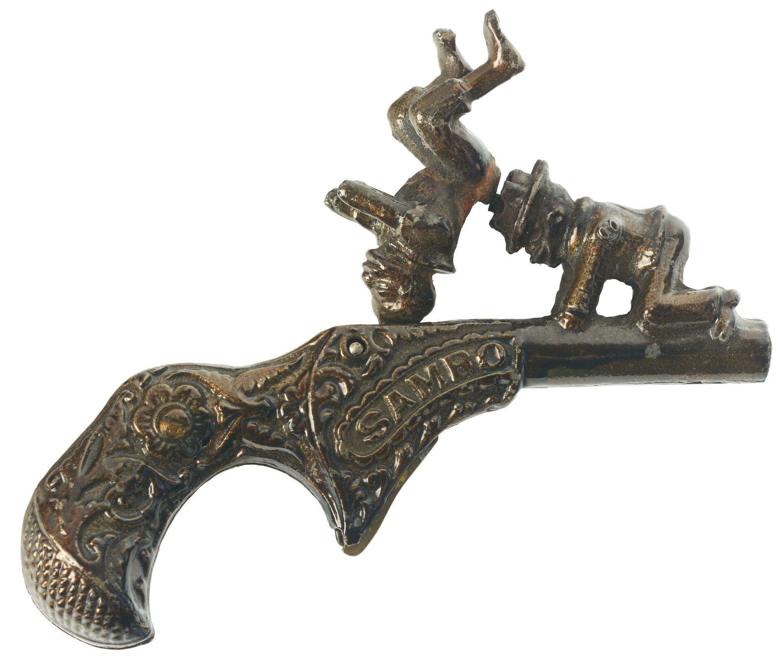 RARE CAST-IRON SAMBO ANIMATED CAP GUN.: Circa 1883, made by Ives. Embossed "SAMBO" on both sides of gun, great japanning. When trigger is pulled, Sambo's backside runs into head of second figure. Condition: (Excellent). Item Dimensions: 6"