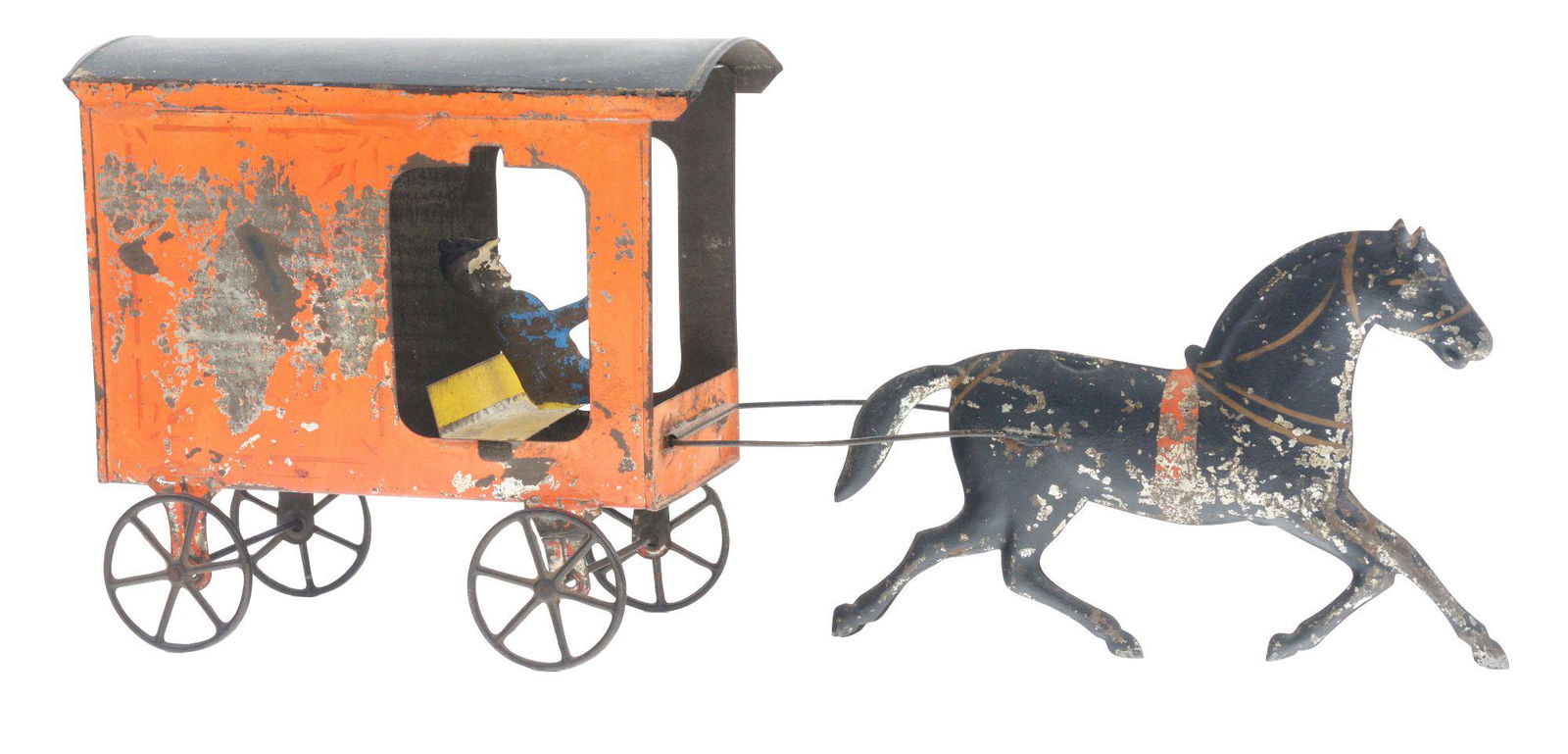 FALLOWS TIN HORSE DRAWN GROCERIES WAGON WITH DRIVER. (1 of 3)