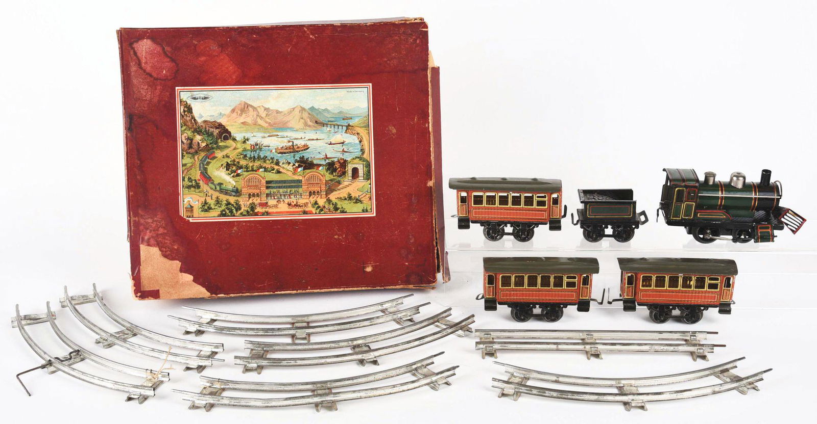 GERMAN TIN LITHO WIND-UP ISSAMAYER PASSENGER TRAIN SET (1 of 2)