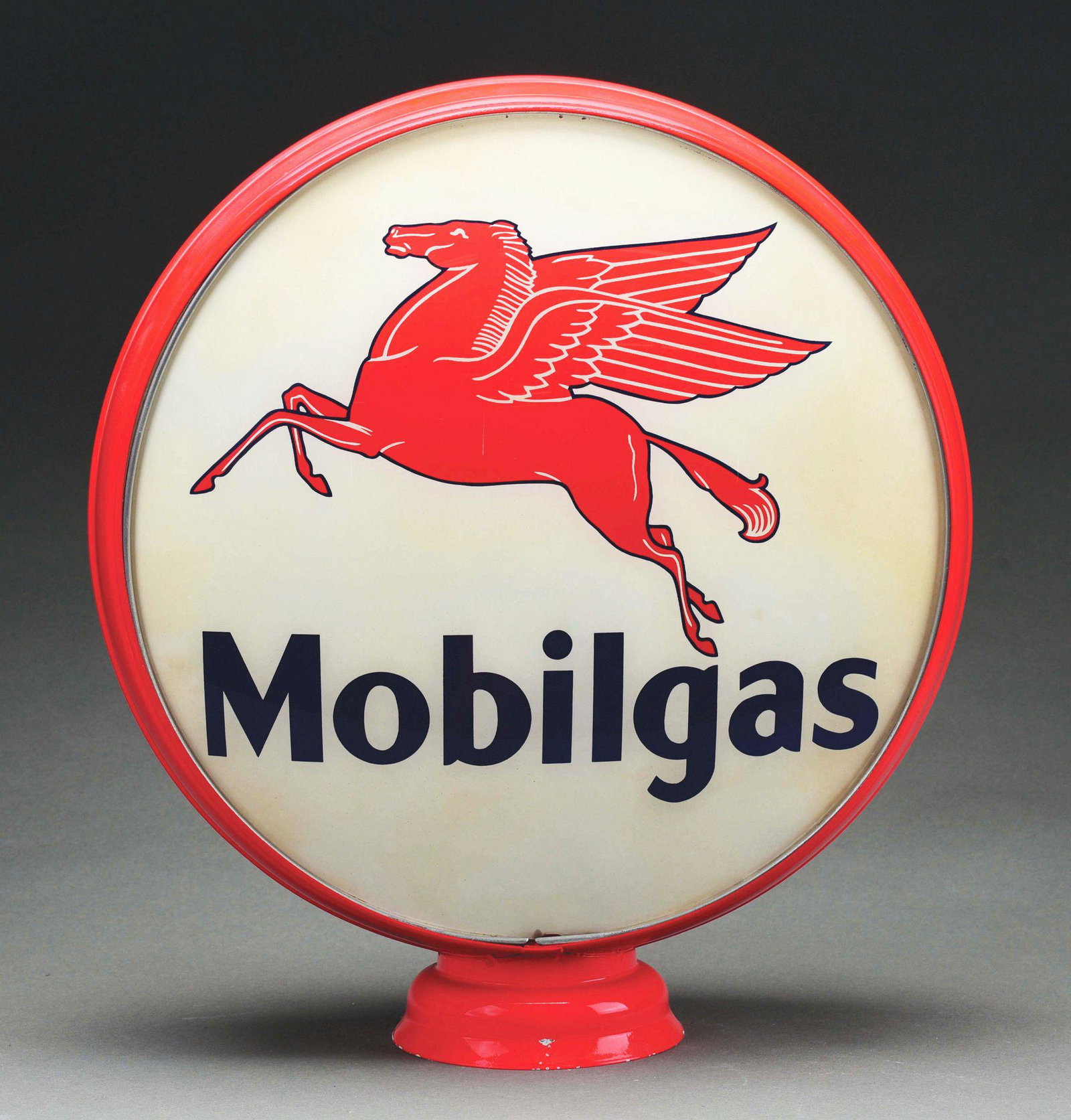 MOBILGAS COMPLETE 16.5" GLOBE W/ PEGASUS GRAPHIC ON: Complete 16.5" Globe On Metal Body. An excellent example of this globe from Mobilgas. Side one is in excellent condition, showing excellent color & gloss throughout with a clean graphic. Side one show