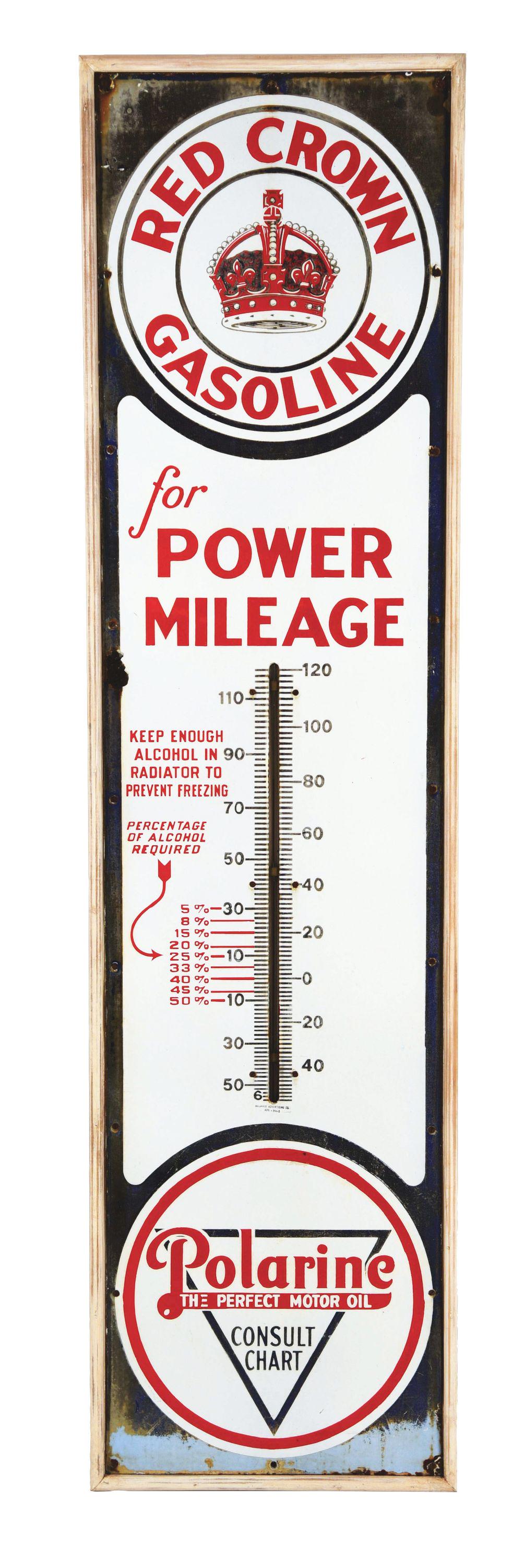 RED CROWN GASOLINE POWER MILEAGE PORCELAIN THERMOMETER. (1 of 2)