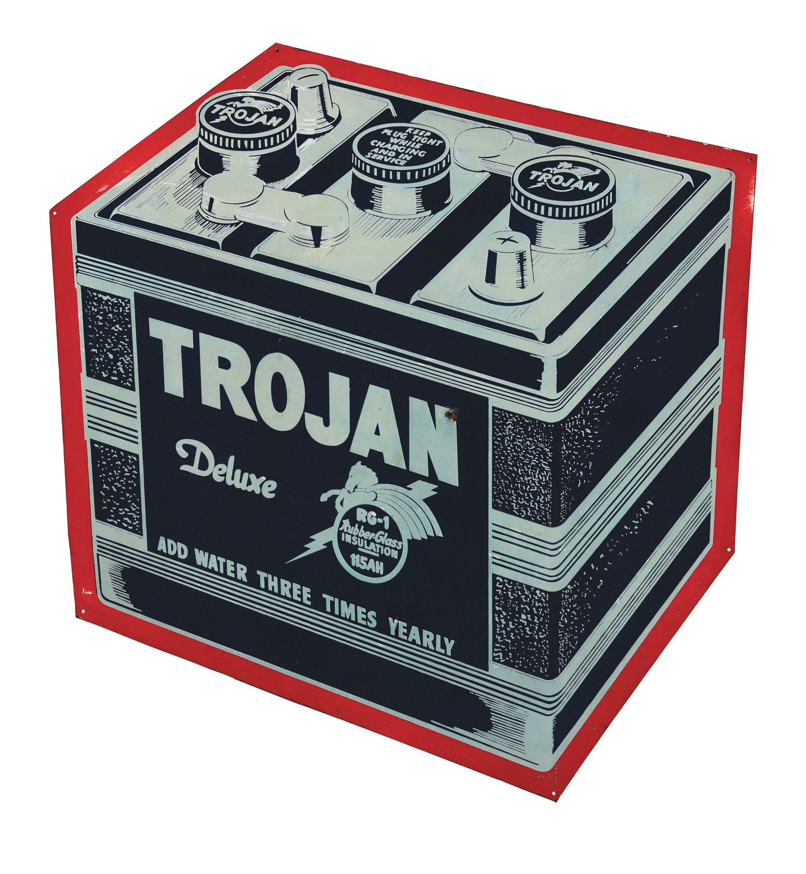 TROJAN BATTERIES DIE CUT TIN SERVICE STATION SIGN W/ (1 of 2)