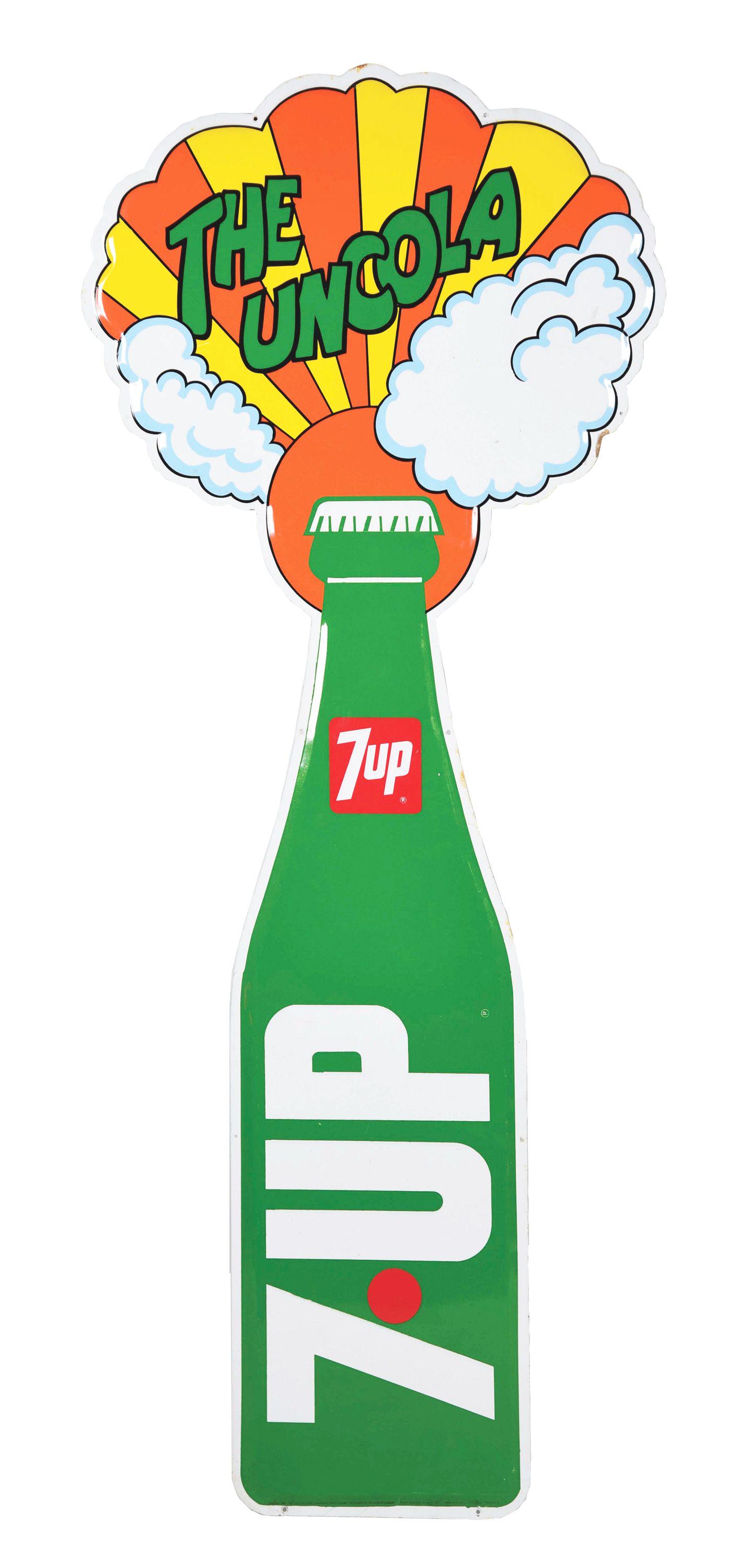7UP THE UNCOLA DIE CUT EMBOSSED TIN BOTTLE SIGN.: SST. An excellent example of this unique and well displaying sign from Seven Up. Sign shows outstanding color & gloss throughout the field and is most likely a New Old Stock example. Sign shows only a