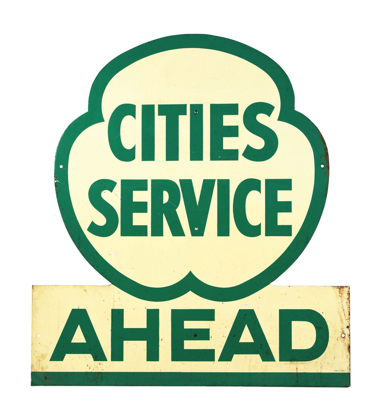 CITIES SERVICE AHEAD DIE CUT TIN SERVICE STATION SIGN. (1 of 2)
