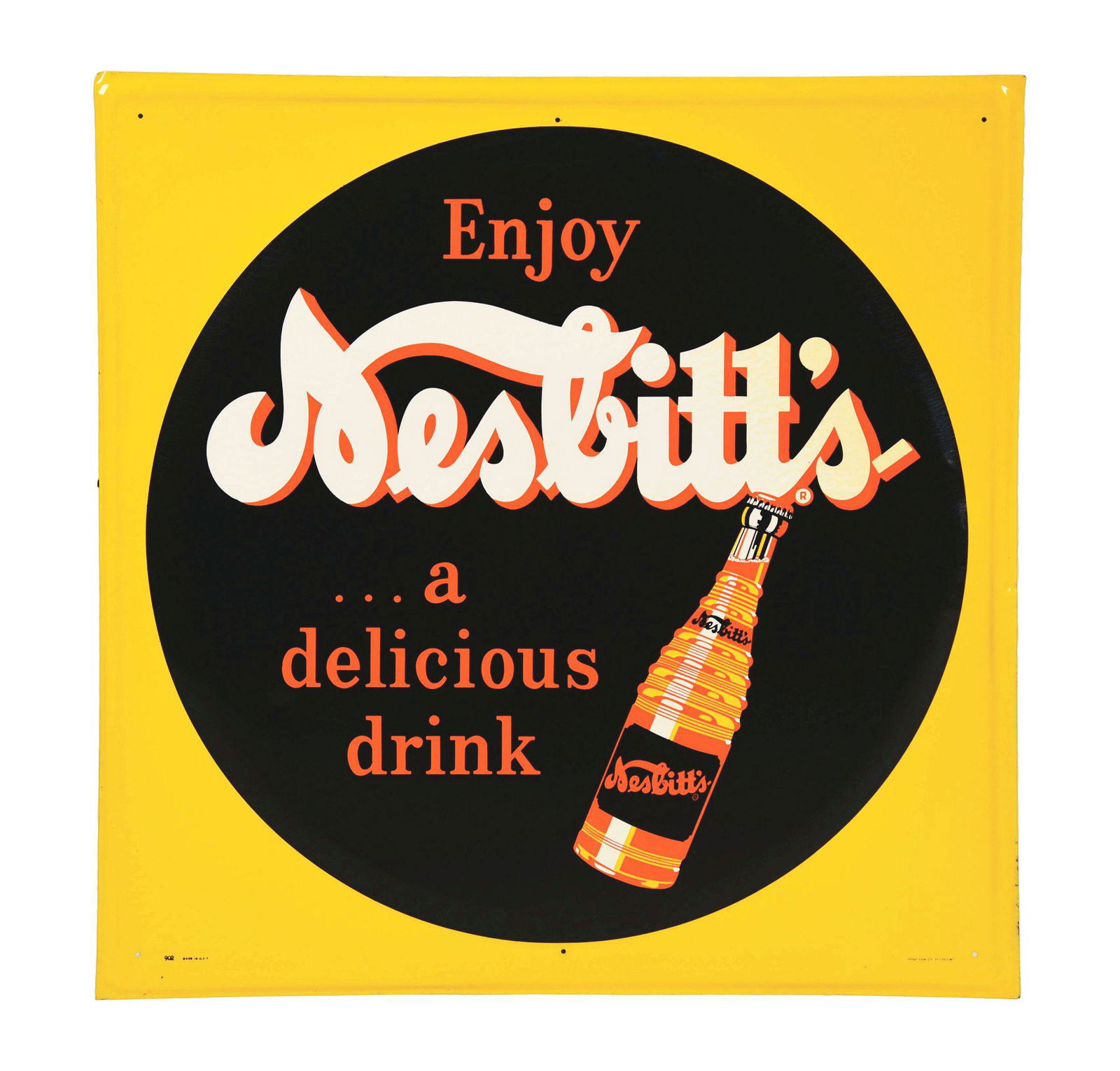 ENJOY NESBITT'S SODA EMBOSSED TIN SIGN W/ BOTTLE (1 of 2)