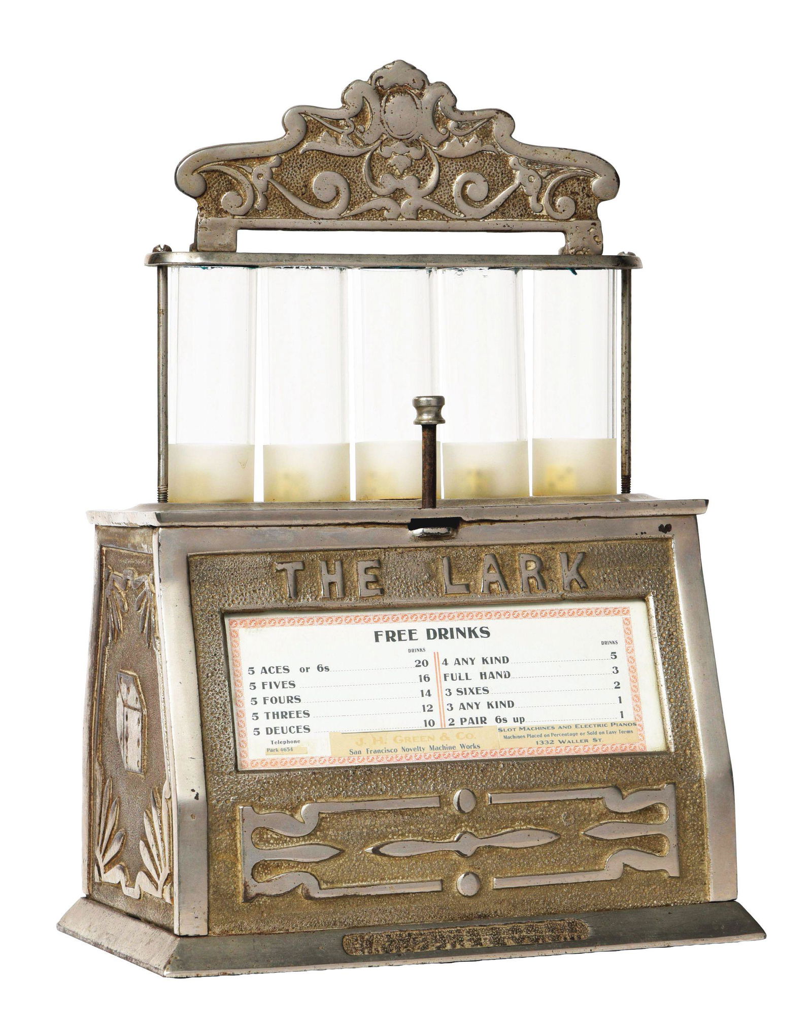 1¢ BRADFORD NOVELTY MACHINE CO. "THE LARK" TRADE: This is a cast-iron dice popper trade stimulator made by the Bradford Novelty Machine Co. circa 1907. Depositing 1¢ into the slot and pushing the plunger sets the dice in motion and the outcome is co