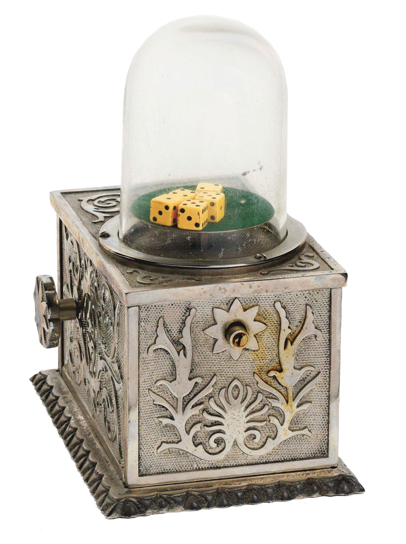 1¢ CAILLE WINNER DICE TRADE STIMULATOR.: This is a very nice example of a cast-iron Caille "Winner Dice" trade stimulator dice popper. This example is in original nickel plating with a replaced hold-down ring for the original globe and missi
