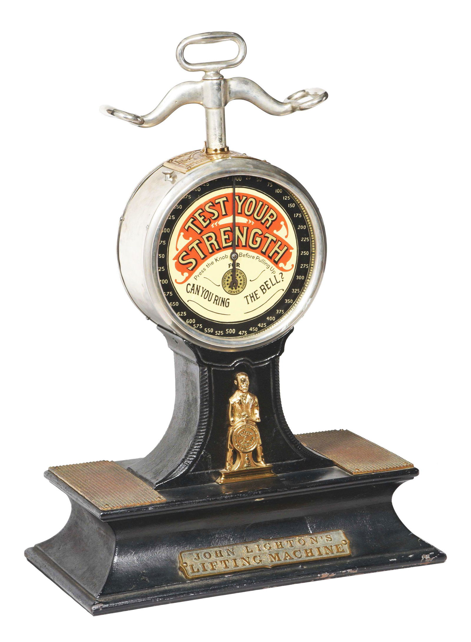 TEST YOUR STRENGTH.: Produced by John Lighton Machine Co. in 1892, the company was said to produce eight machines from 1892 through 1893: three different model trade stimulators, three different model slot machines and tw