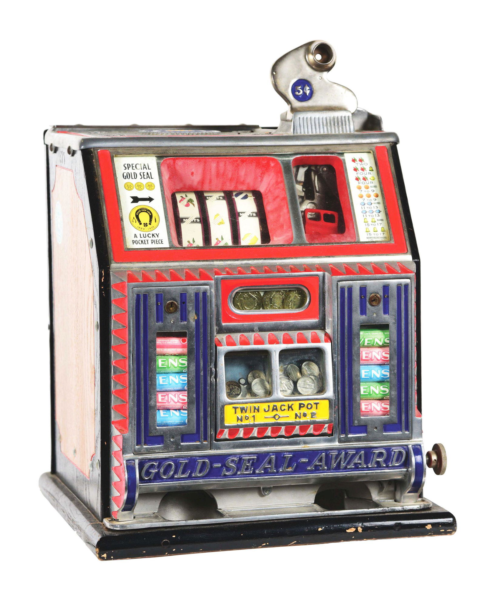 5¢ WATLING GOLD SEAL FRONT VENDING TRADE STIMULATOR.: This front vendor gooseneck bell slot machine is also referred to as the Baby Gold Seal Award Twin Jackpot Vender or Gold Seal. Features a mint vendor in operating condition on each side of the twin j