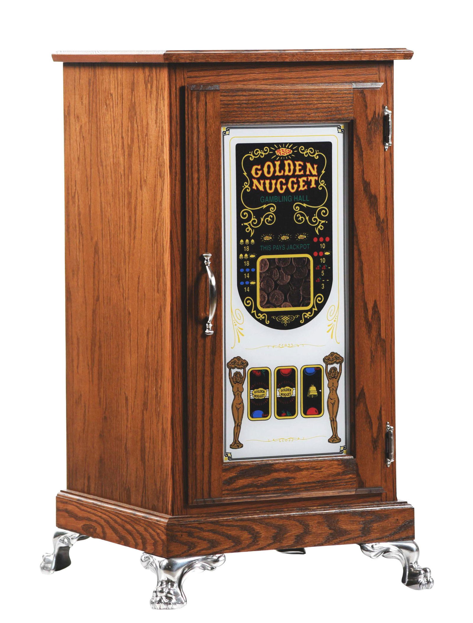 OAK LIGHT-UP GOLDEN NUGGET SLOT MACHINE STAND. (1 of 5)