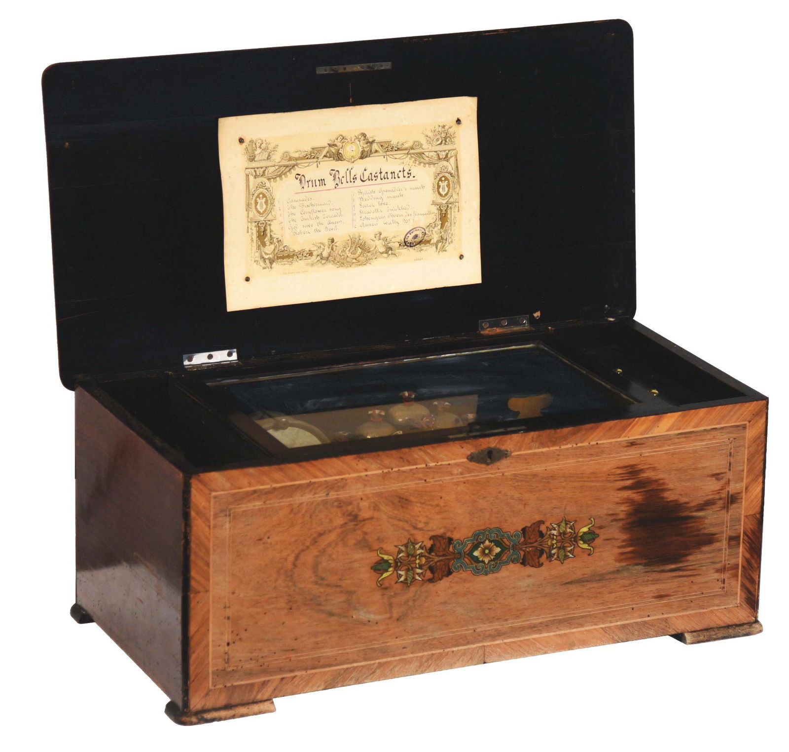 INLAID MUSIC BOX WITH DRUM, BELLS, & CASTANETS. (1 of 11)