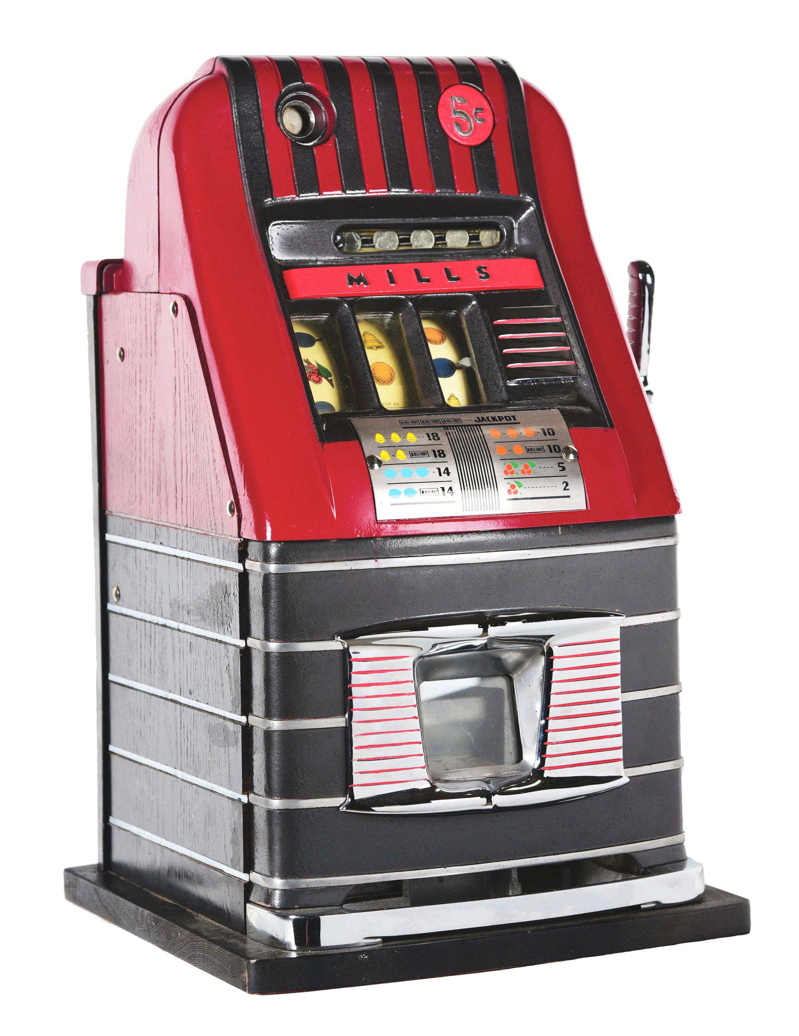5¢ MILLS HIGH TOP JEWEL BELL JACKPOT SLOT MACHINE.: A very nicely restored Mills Jewel Bell high top slot machine. New reels, award card, no cash box, original back door. Plays and pays well. Circa 1950. This is not a standard shippable item and will r