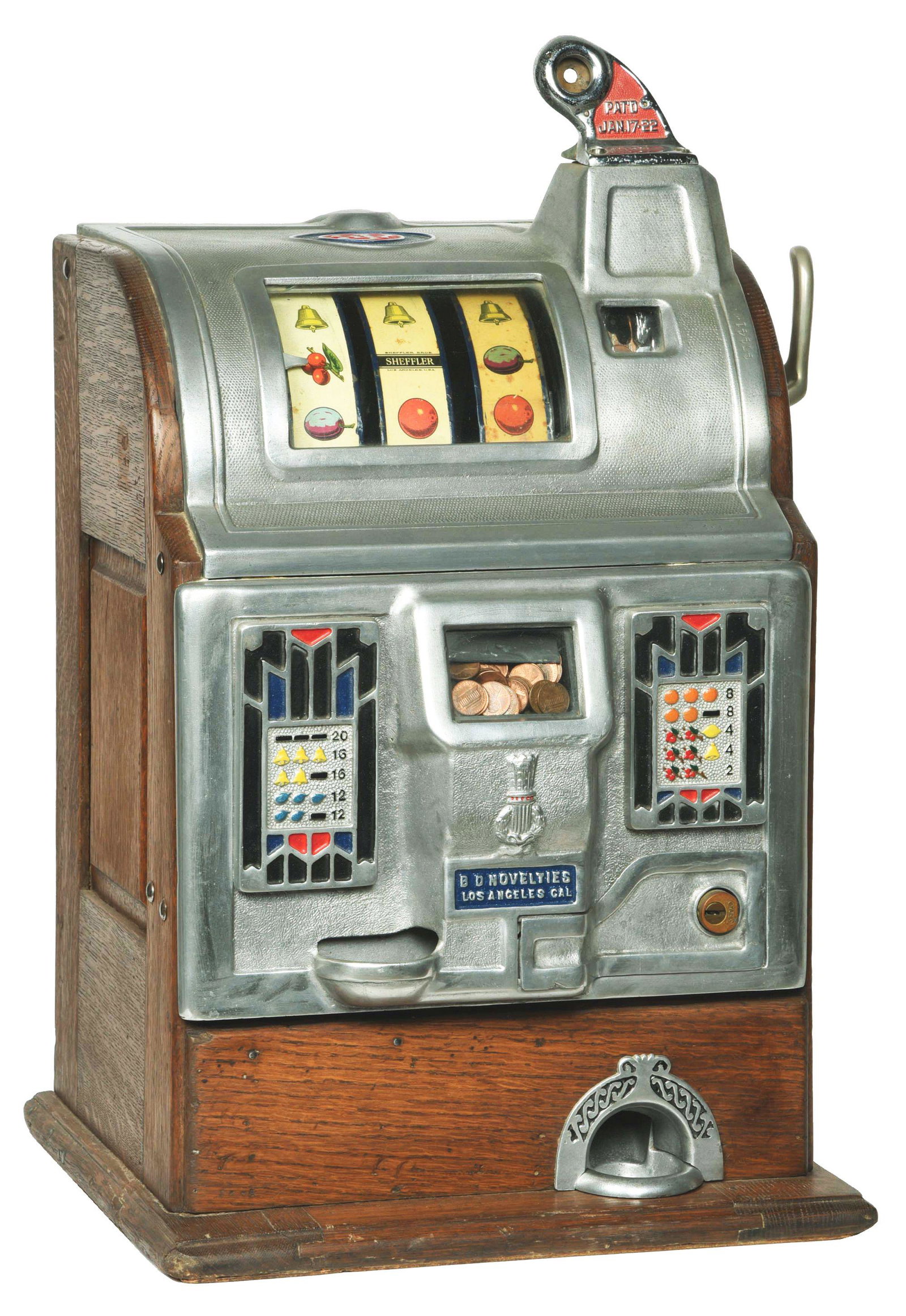 ORIGINAL JENNINGS REVAMP SLOT PRIVATE LABELED FOR BD: A very nice all original Jennings 1¢ slot machine private labeled for the B.D. Novelty Co. of Los Angeles. All original reels marked for Sheffler Brothers, original Jennings decals, original finish, 