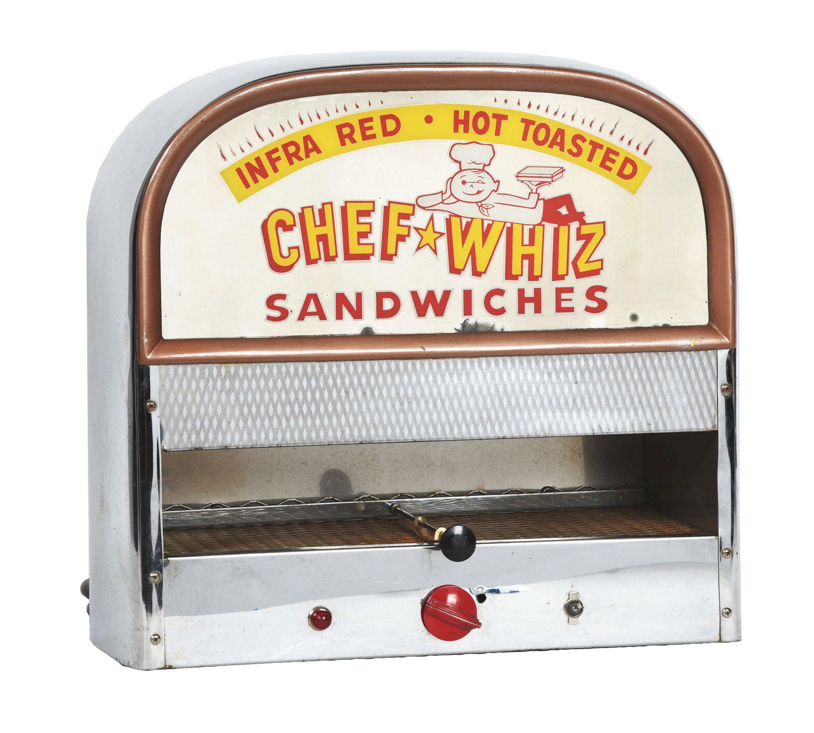 CHEF WHIZ SANDWICHES WARMER.: Great original working condition sandwich toaster, with super graphics of chef with product on mirrored front. Condition: (Good - Very Good). Dimensions: 18 - 3/4" x 19 - 1/4" x 11 - 1/2".
