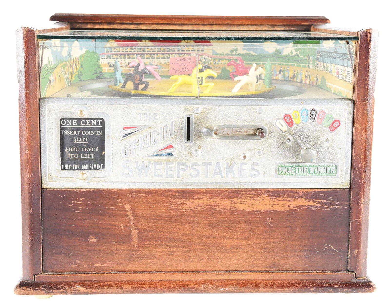 1¢ ROCK-OLA OFFICIAL SWEEPSTAKES.: This is an official Rock-Ola sweepstakes horse race without the gum vending mechanism. The play field graphics appear original, however the horses, spinner and odds numbers are repainted. Case in orig