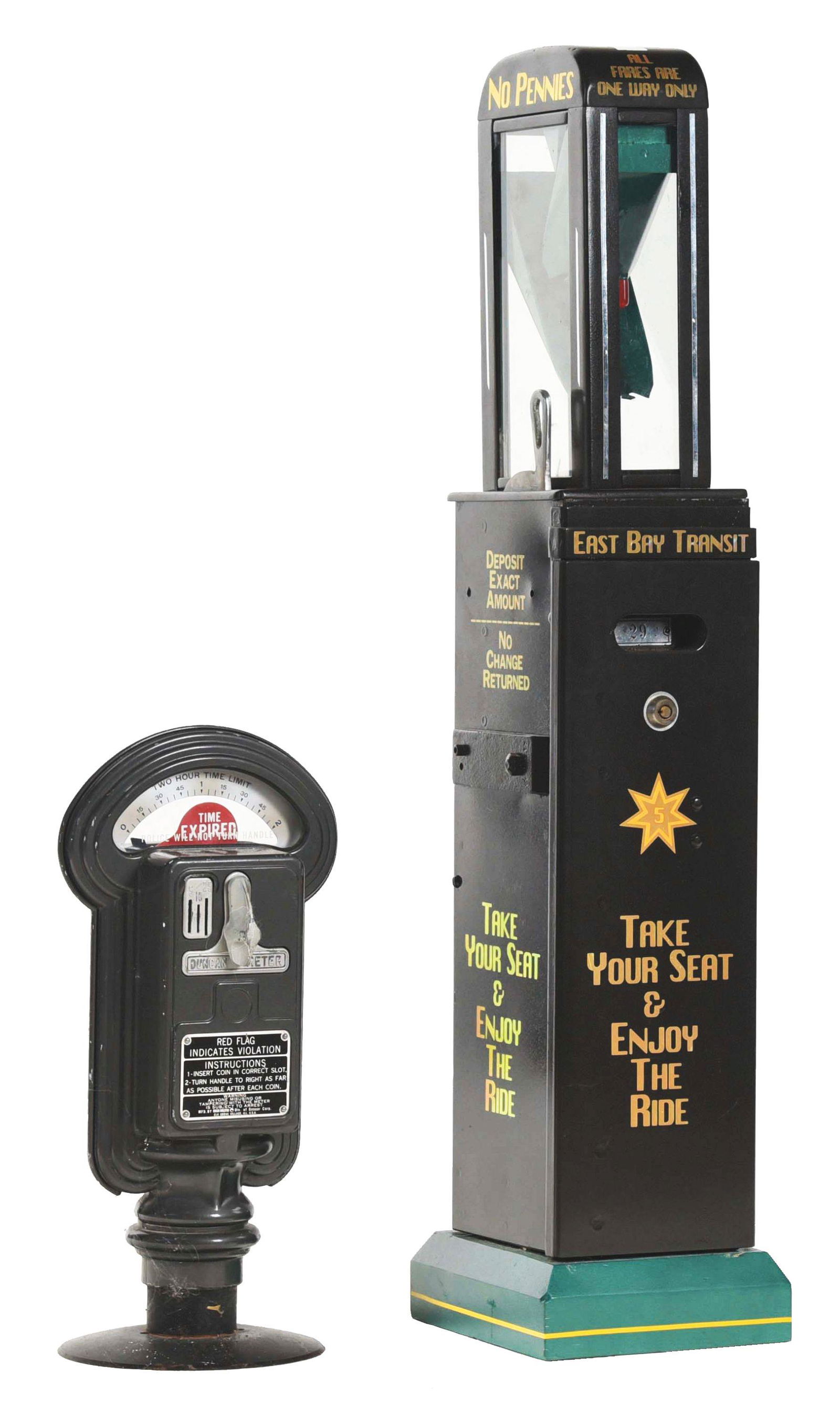 LOT OF 2: CAST-IRON BUS FARE BOX AND A CAST EARLY: This is a lot of two, the first being a cast-iron bus fare meter in restored condition. This very early cast-iron meter is with front door, original cash box and still operates correctly with all new