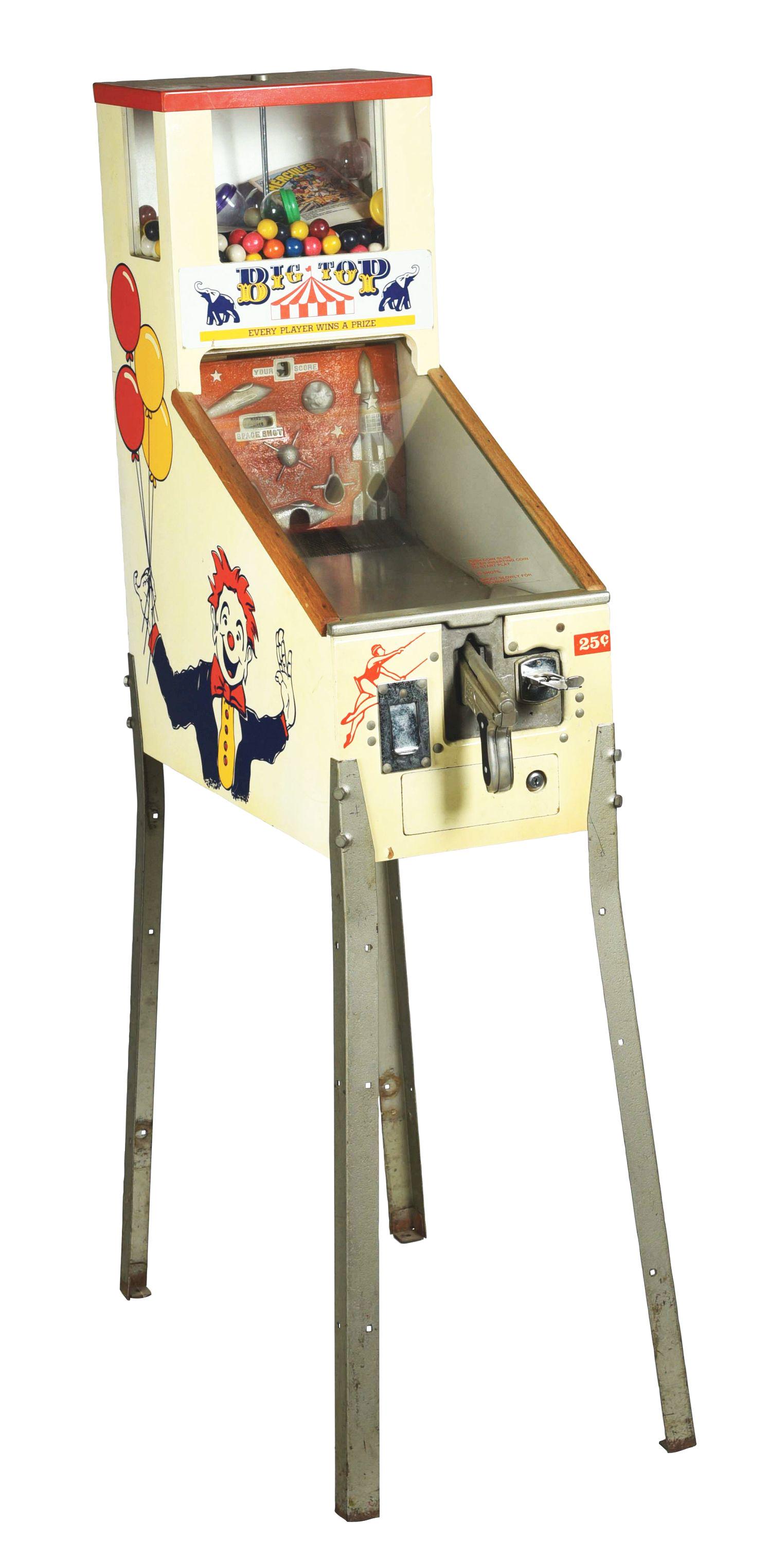 25¢ BIG TOP SHOOTER GUN GAME.: A very nice example of this prize winning arcade gum game, The Big Top. Although circus related, the inside play field is space themed. Original graphics and paint, signs of wear and use, but displays