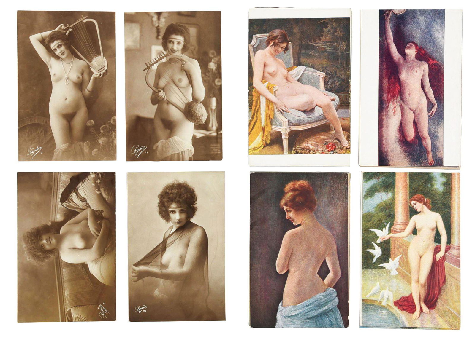 LOT OF 130 VINTAGE FRENCH NUDES AND SEMINUDE POSTCARDS: This lot of 130 cards are in amazing condition, never used and includes both black and white and colored cards. Includes 32 ink blotter cards, all by Zoe Mozert, 2 - 3/4" x 4" and in mint condition. O
