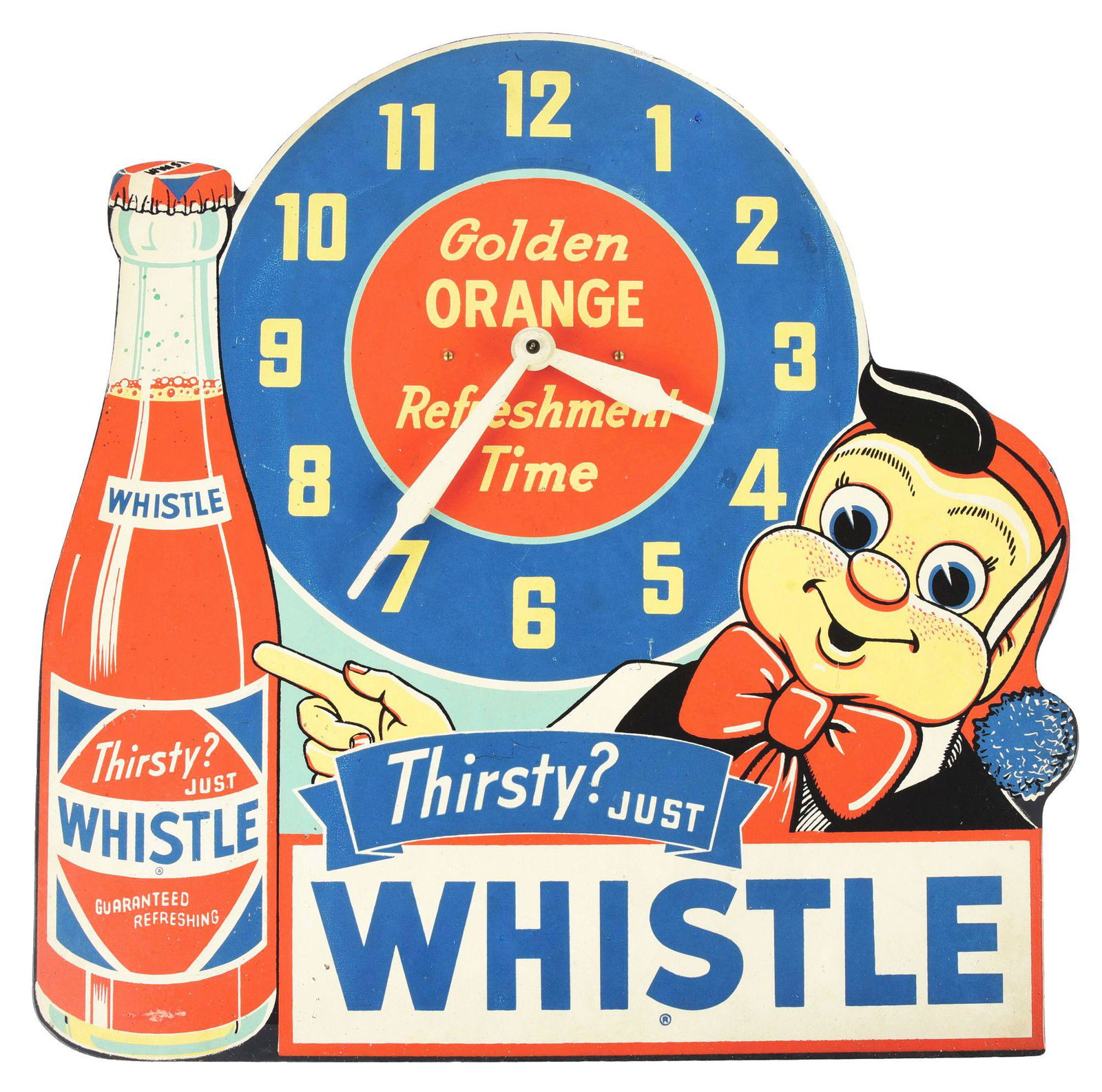 MASONITE WHISTLE SOFT DRINK CLOCK. (1 of 2)