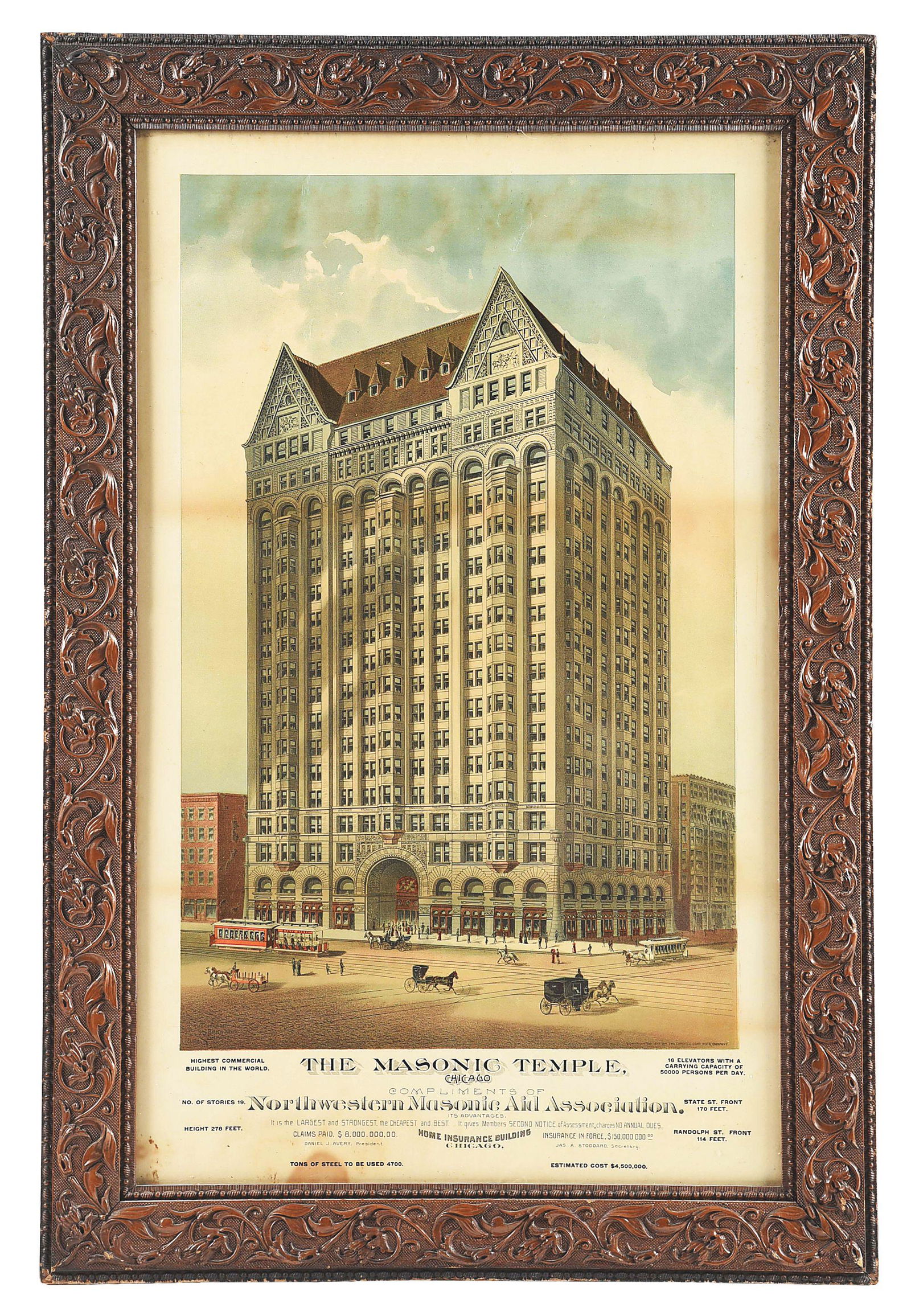 FRAMED ADVERTISING FOR THE MASONIC TEMPLE IN CHICAGO, (1 of 2)