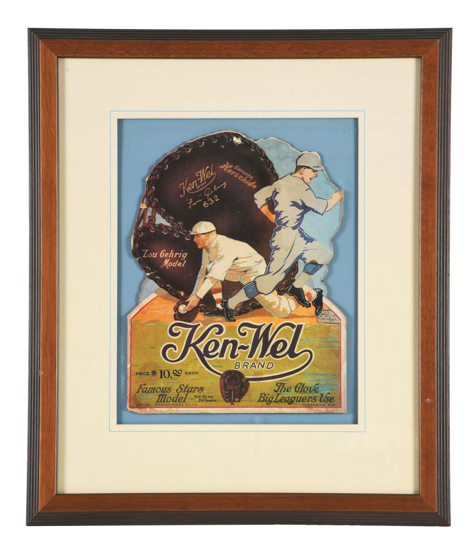 FRAMED KEN-WEL BASE BALL GLOVES SIGN. (1 of 2)