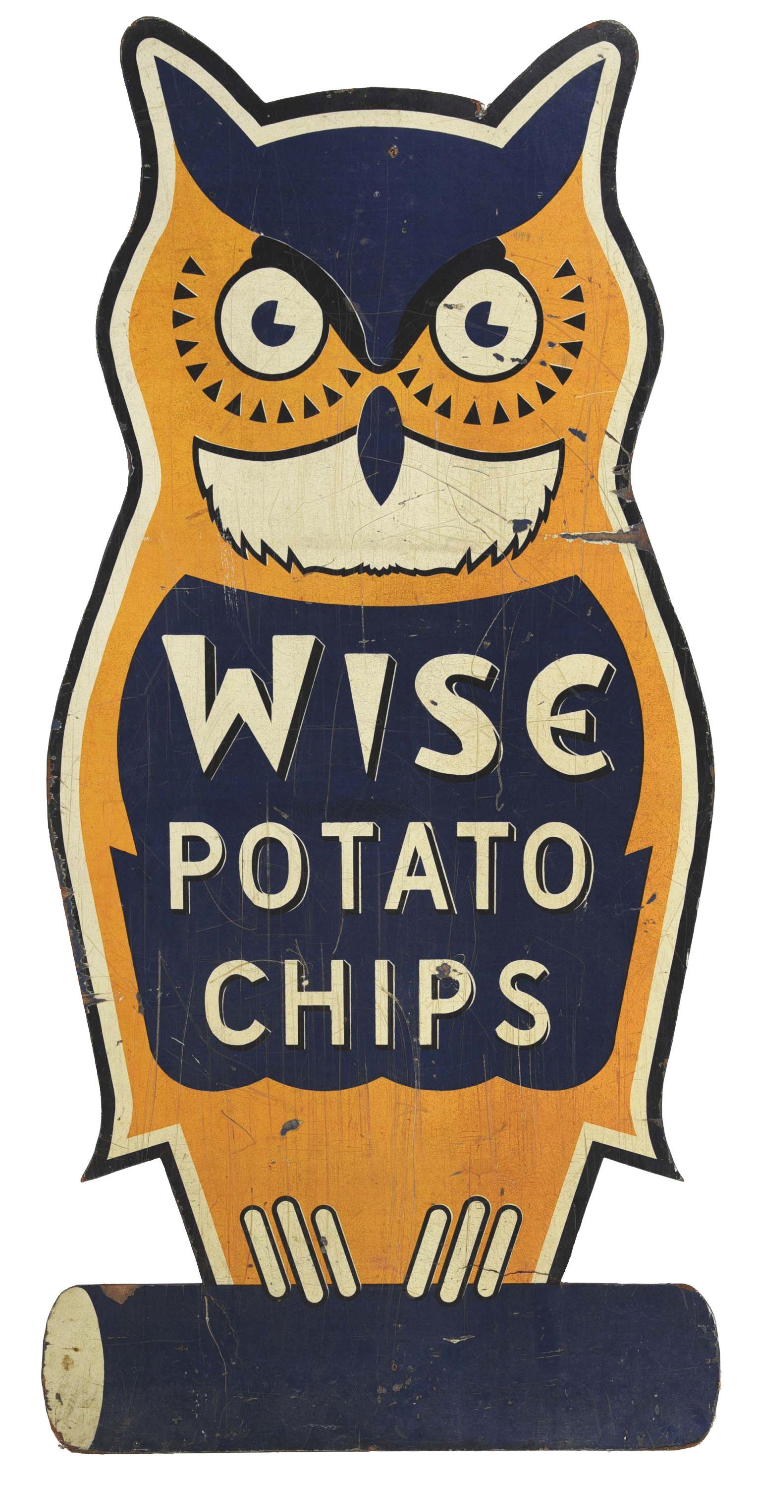 WOODEN WISE POTATO CHIPS SIGN.: Folk-Artish wood painted Wise potato ship sign. Signs of use with paint loss and scraps throughout, but retaining a great aged look. This is not a standard shippable item and will require 3rd party sh