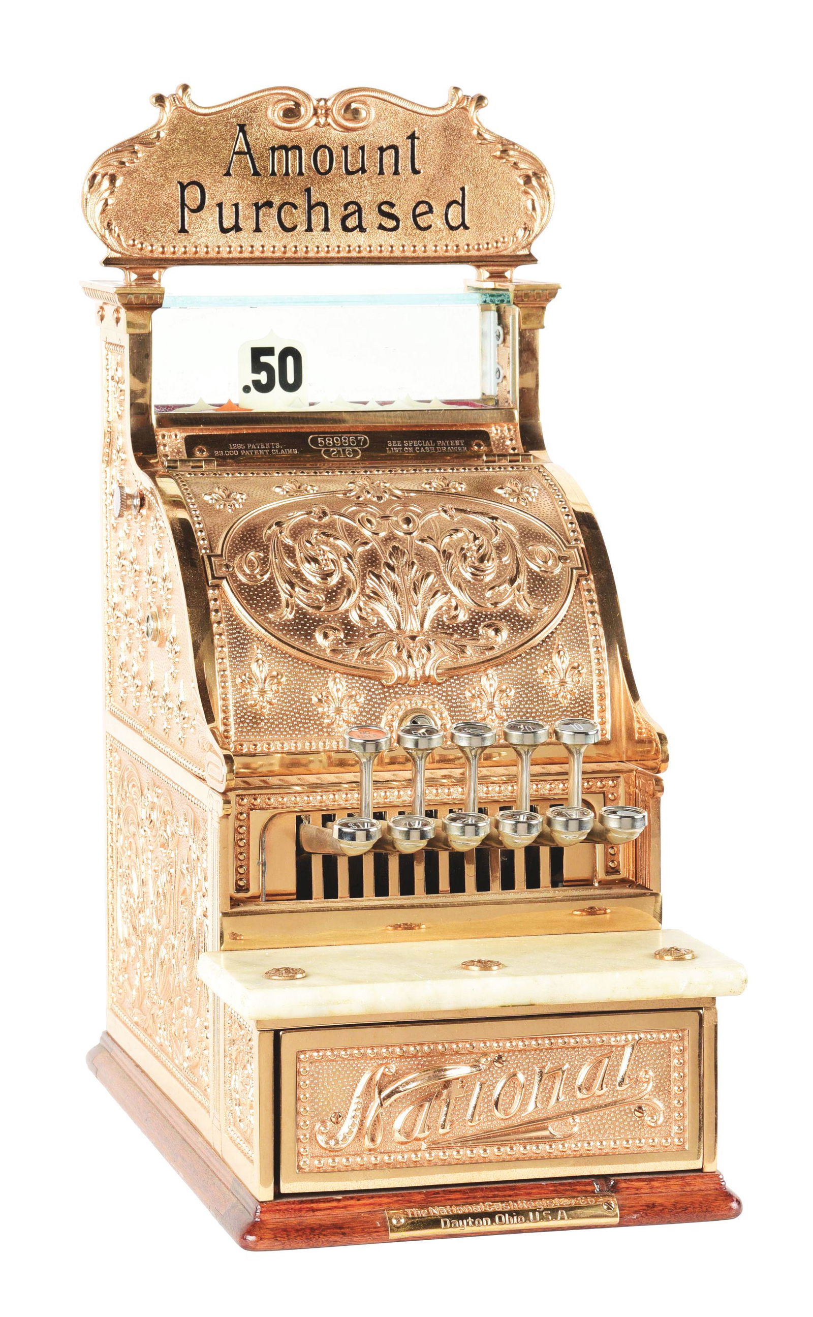 NATIONAL CASH REGISTER CO. MODEL #216.: National Cash Register Co. Model #216 is a restored red bronze candy store style register with Fleur-de-Lis pattern and original top sign reading "Amount Purchased". Serial No. 589867. This is not a s