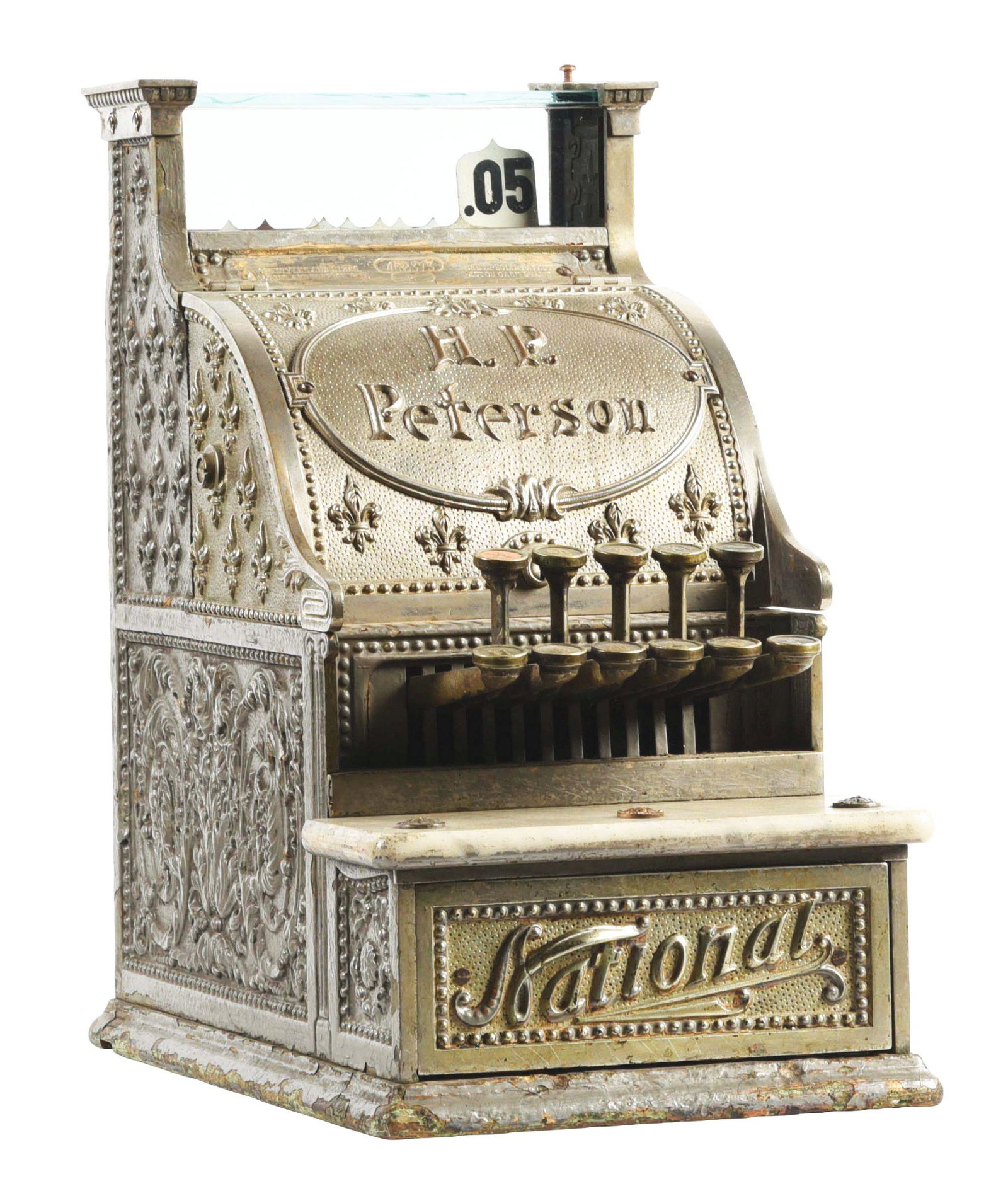 NATIONAL 1905 MODEL #5 CASH REGISTER.: National Model #5 with personalized name plate, complete and in working condition. This is not a standard shippable item and will require 3rd party shipping or pickup arrangements to be made. Conditio