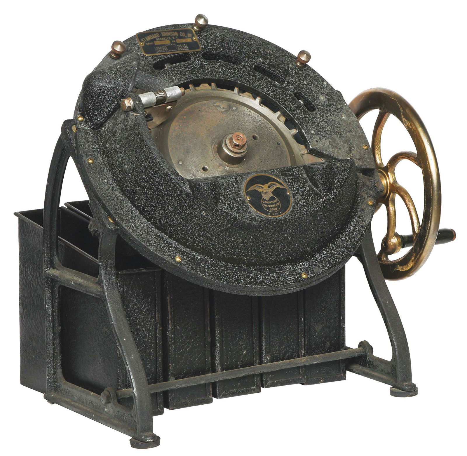 EARLY STANDARD JOHNSON CO. COIN COUNTER.: A very early cast-iron coin sorter by the Standard Johnson Co. in original paint and with all the original catch basins. It appears to be complete with all parts, a real nice early example. This is no