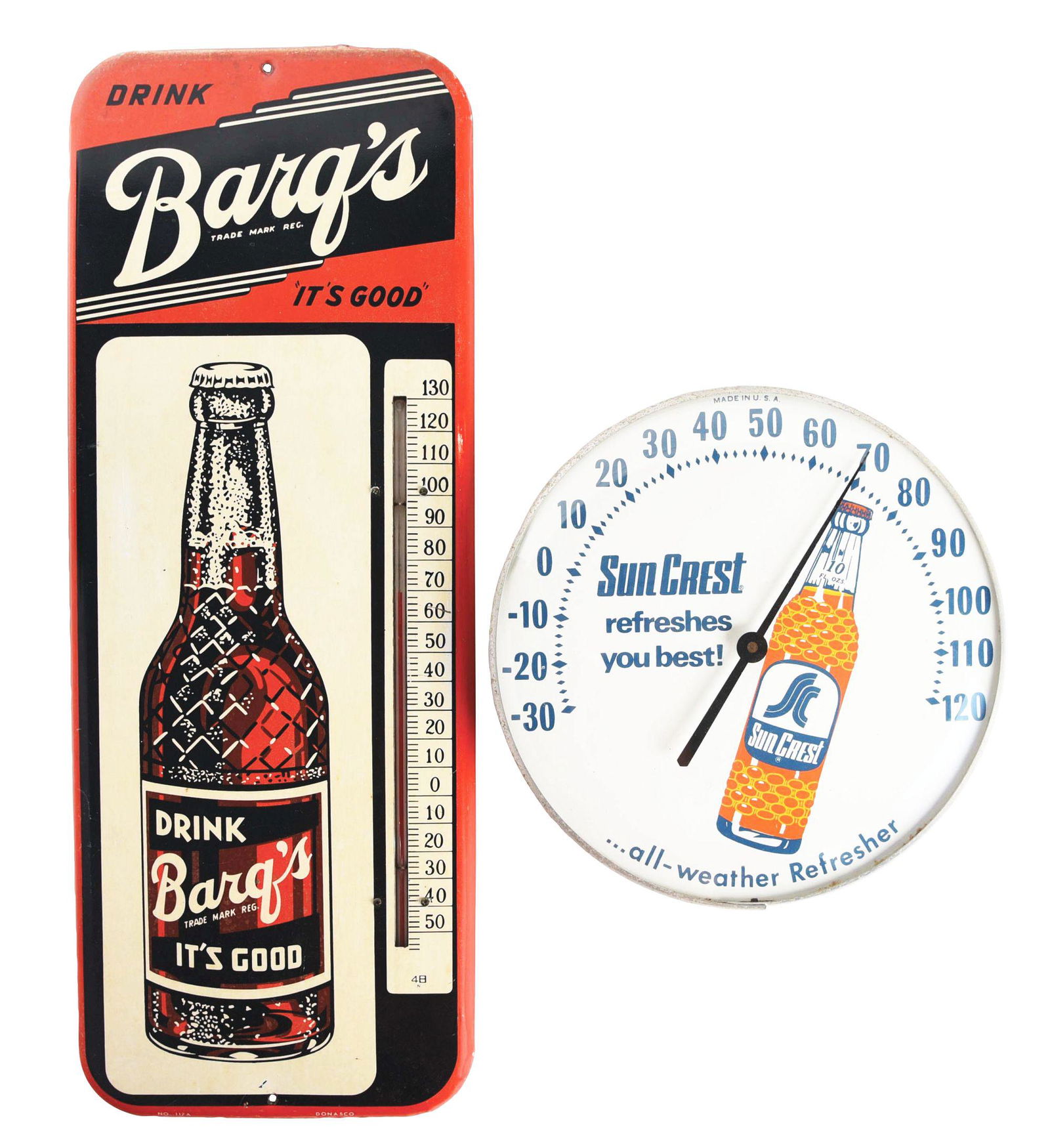 LOT OF 2: SODA POP THERMOMETERS.: This is a lot of two soda pop thermometers. The first is the red Barq's Root Beer with the original thermometer tube, showing light areas of rubbing in the outside edges and some slight fading to the
