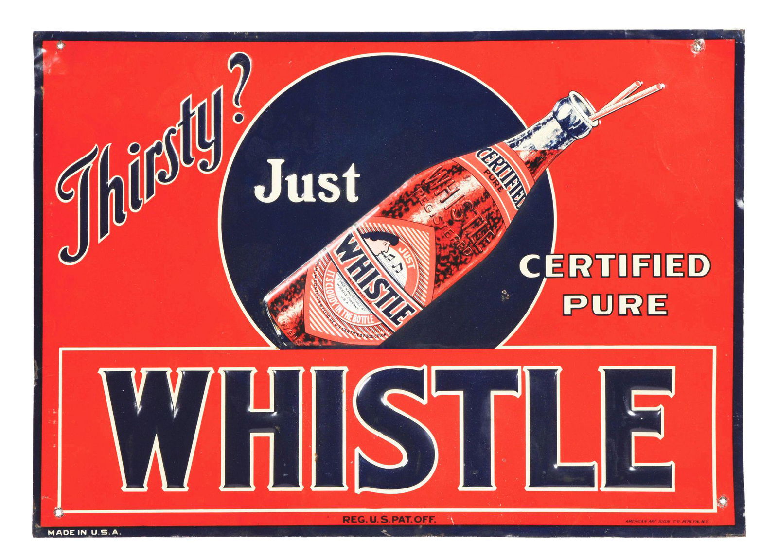 SINGLE-SIDED EMBOSSED TIN SIGN FOR WHISTLE SOFT DRINKS. (1 of 3)